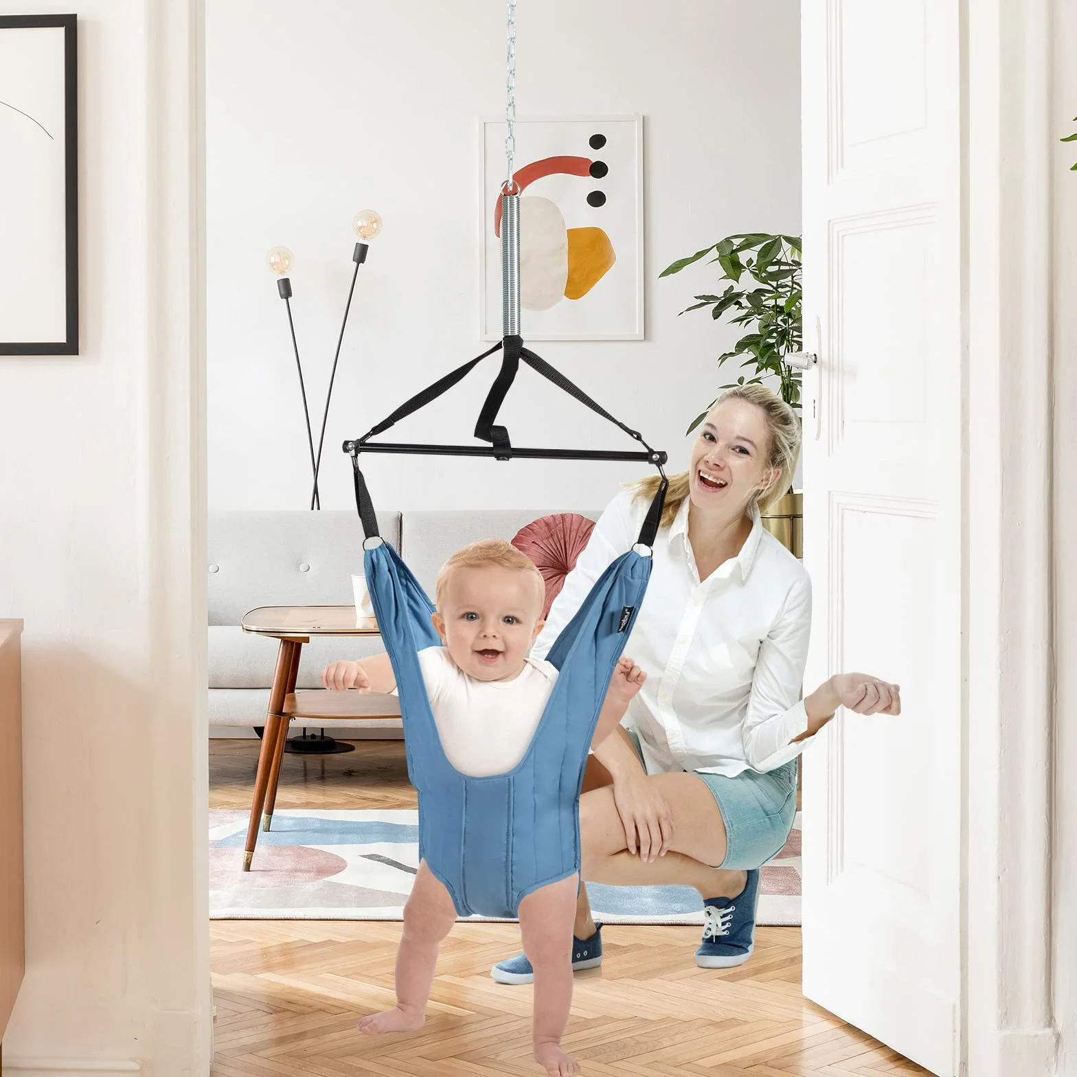 COSTWAY Sauteur de Porte Bébé 6-12 Mois, Siège Suspendu Chaîne Réglable 29-93 cm, Tissu TC Tube Fer, Charge Max 12KG, Bleu