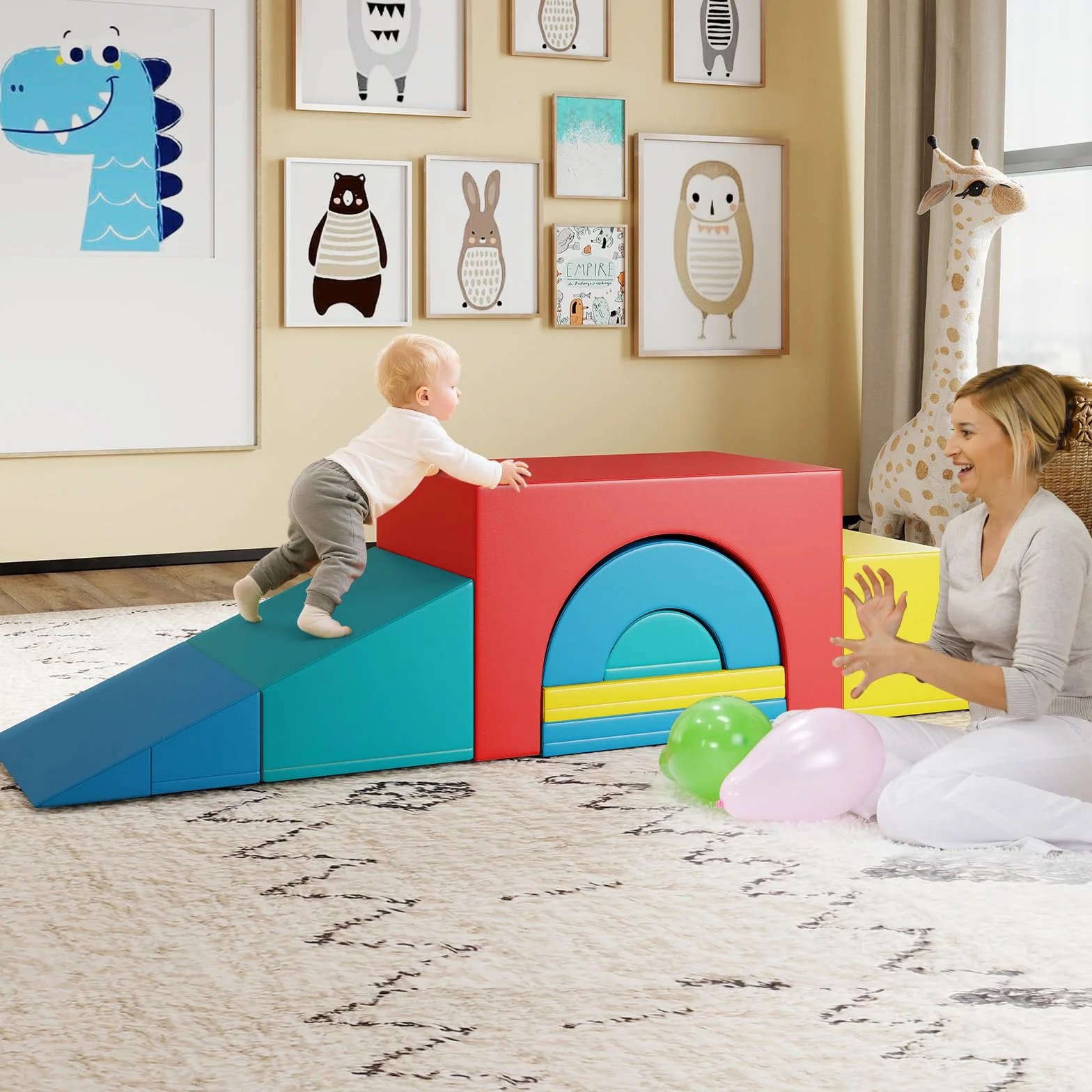 COSTWAY Module Motricité Bébé 7 PCS avec Toboggan Escalier, Parcours Motricité Mousse Housse PU Bandes Agrippantes, Jouets Éducatifs Enfants Préscolaire Rouge