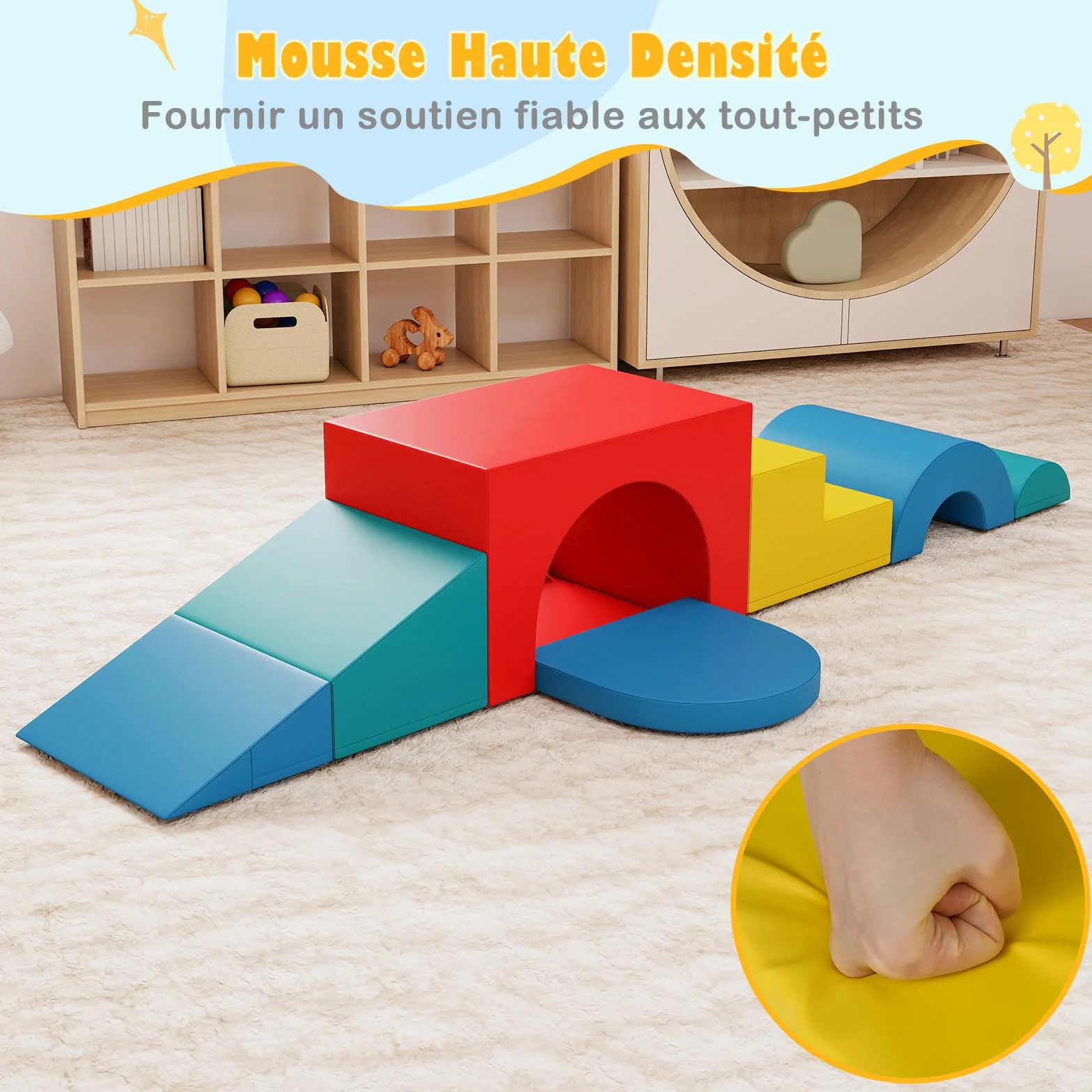 COSTWAY Module Motricité Bébé 7 PCS avec Toboggan Escalier, Parcours Motricité Mousse Housse PU Bandes Agrippantes, Jouets Éducatifs Enfants Préscolaire Rouge