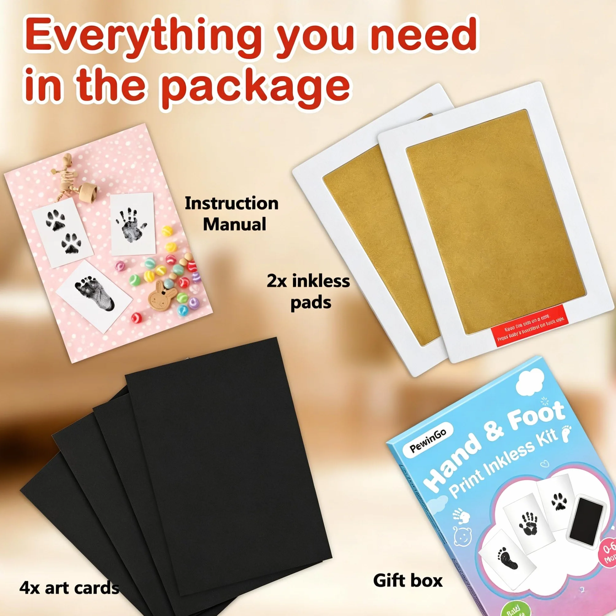 Kit Empreintes de Main et de Pied Bébé Taille XL 2 Tampons sans Encre 4 Cartes Cadeaux Souvenir Nouveau-né Doré