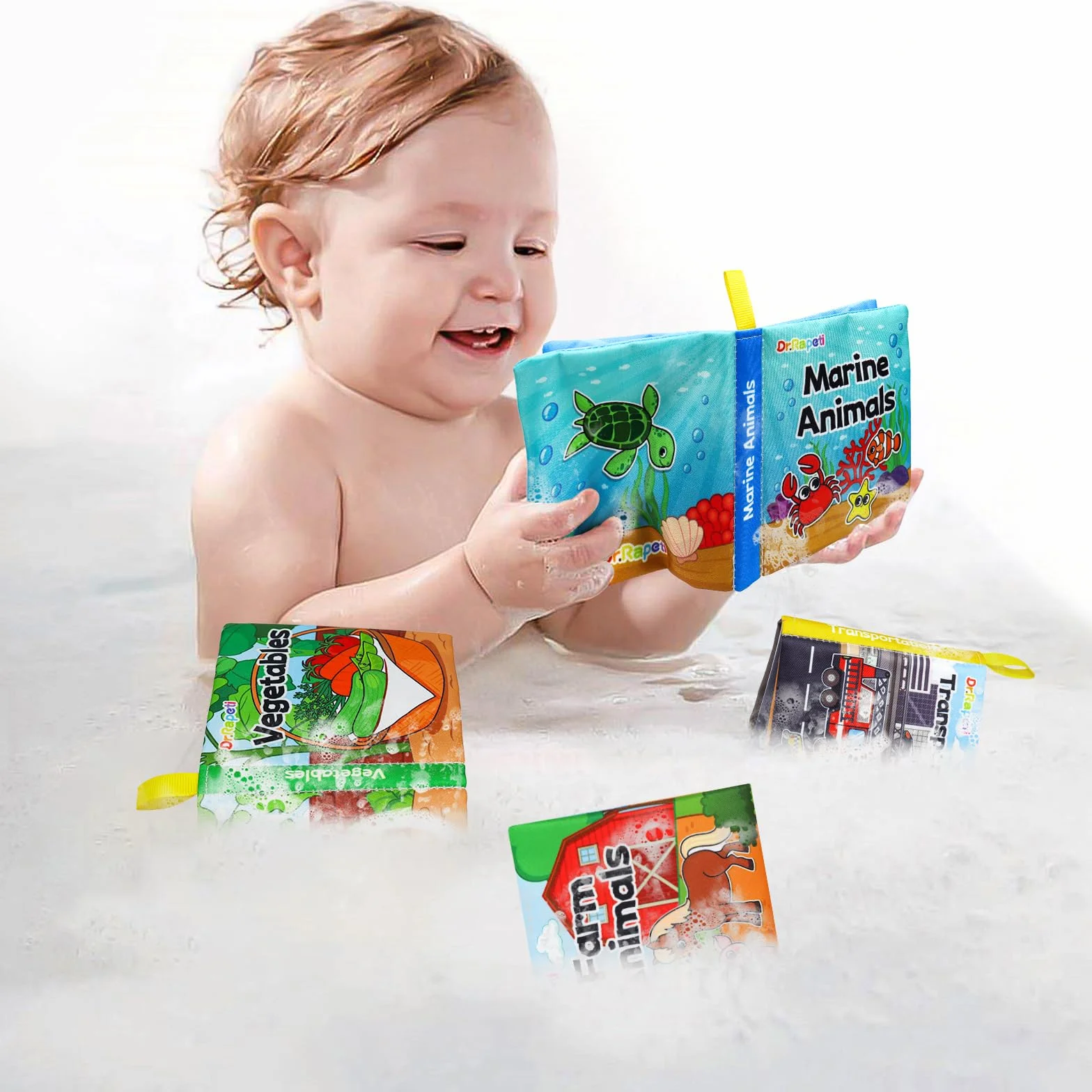 Dr.Rapeti Lot de 8 Livre Bebe en Tissu Doux, Jouet Educatif Sonore en Anglais