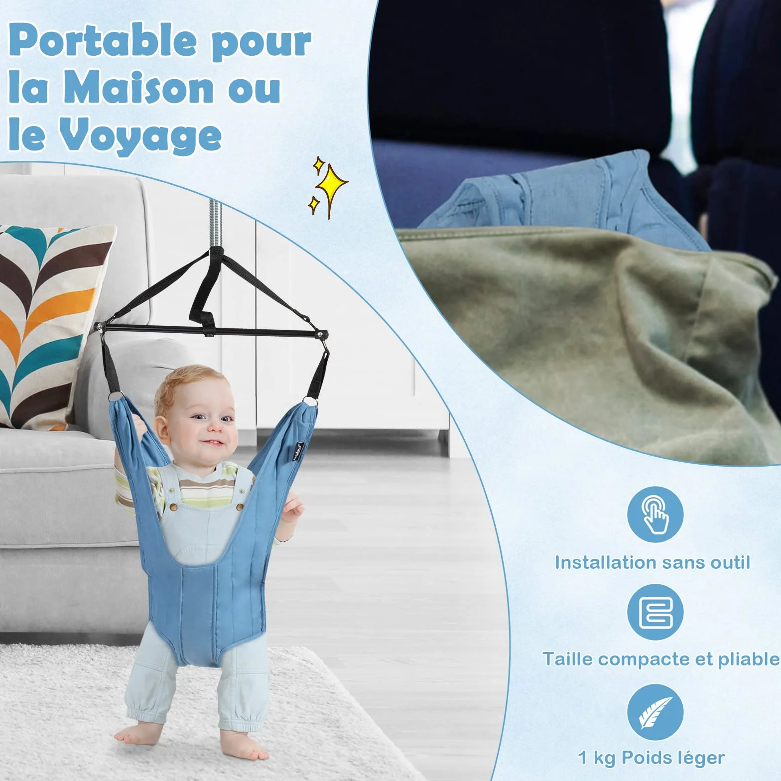 COSTWAY Sauteur de Porte Bébé 6-12 Mois, Siège Suspendu Chaîne Réglable 29-93 cm, Tissu TC Tube Fer, Charge Max 12KG, Bleu