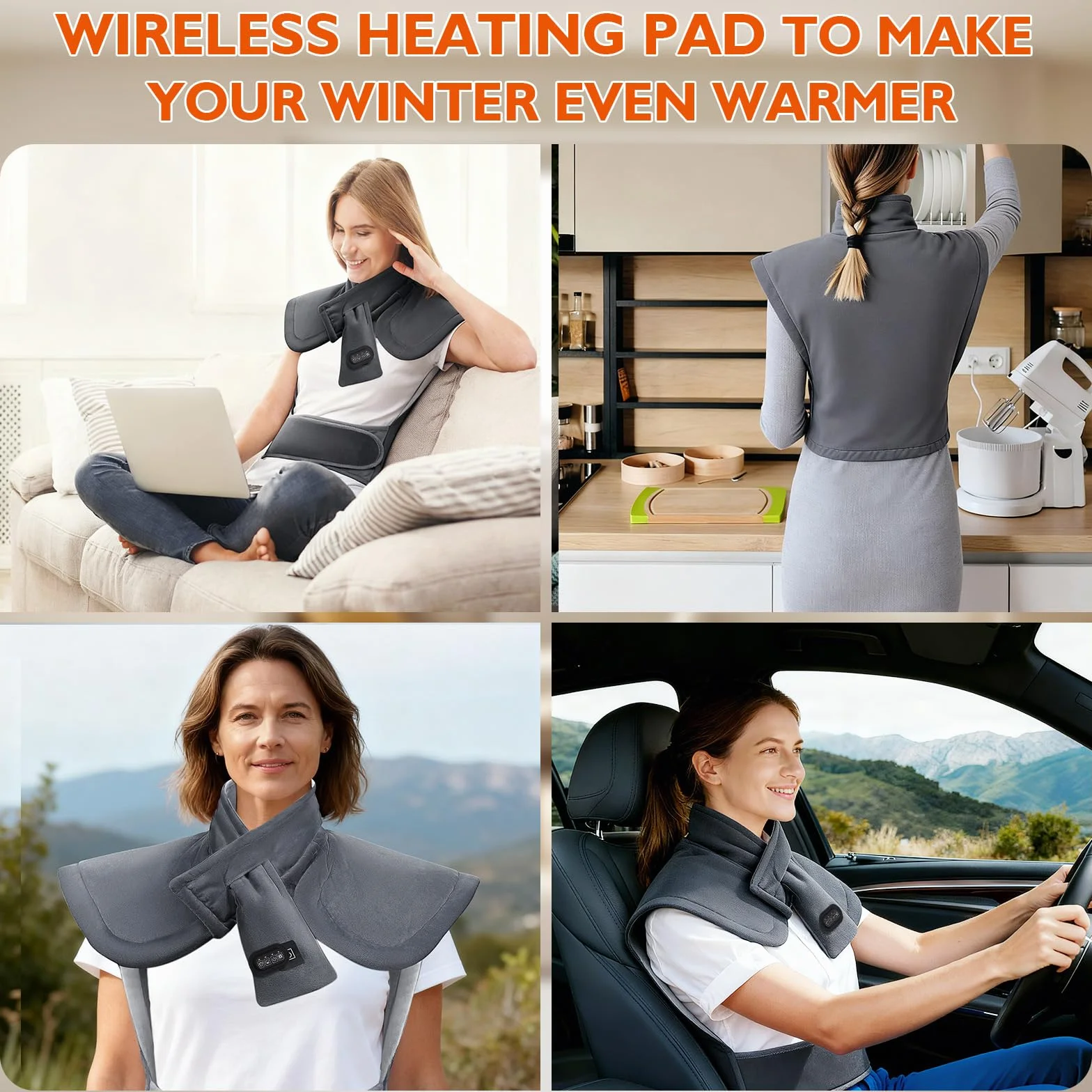 Coussin Chauffant avec Batterie 10000mAh 3 Niveaux Réglage Température 3 Modes de Massage Arrêt Automatique