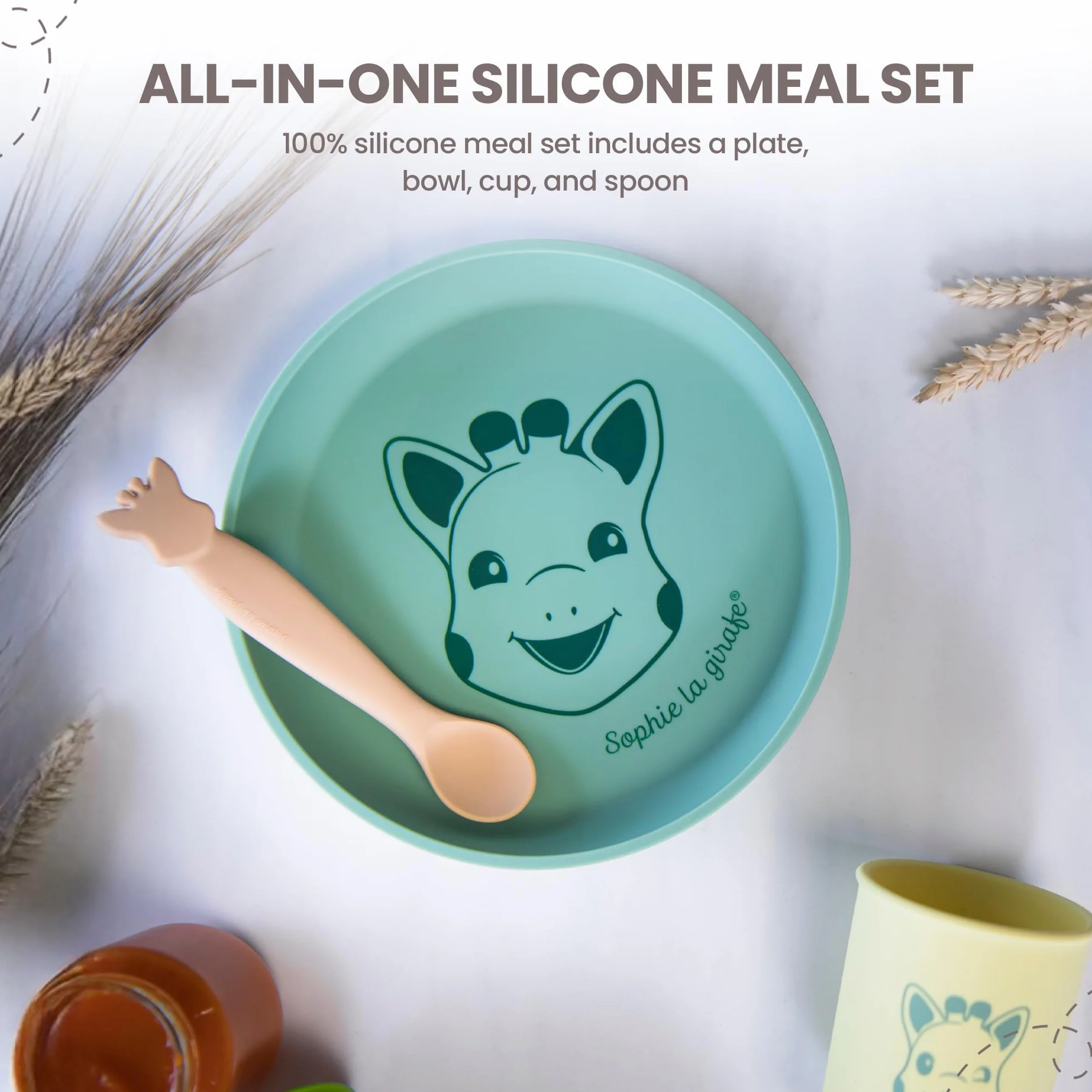 Sophie la Girafe Set de Repas en Silicone - Assiette, Bol, Verre et Cuillère Passe au Lave Vaisselle et Micro-ondes