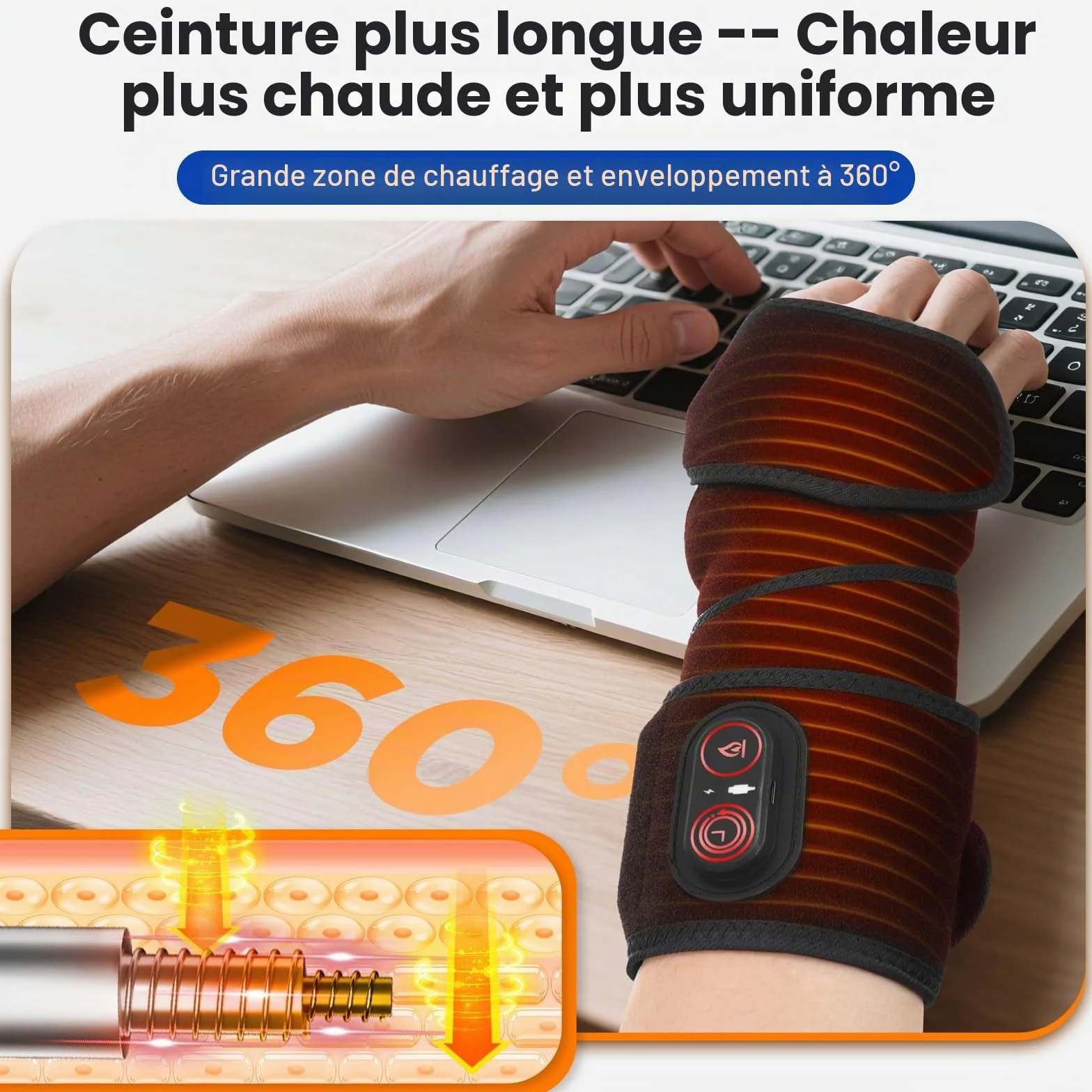 Coussin chauffant sans fil pour bras coude jambe 5000 mAh chauffage rapide 3 réglages chaleur durée