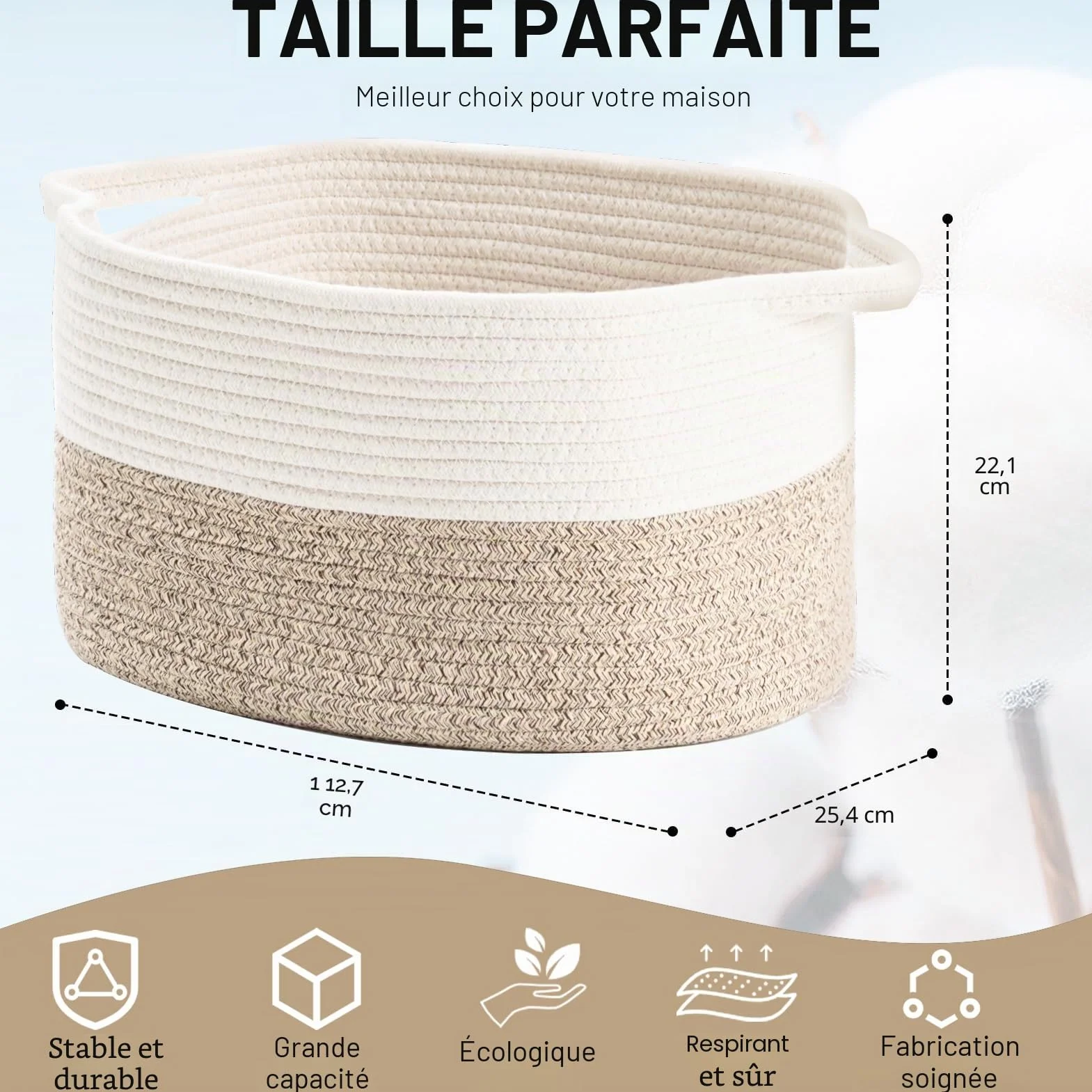 Lot de 3 paniers de rangement tissés en corde de coton 38 x 25 x 22 cm
