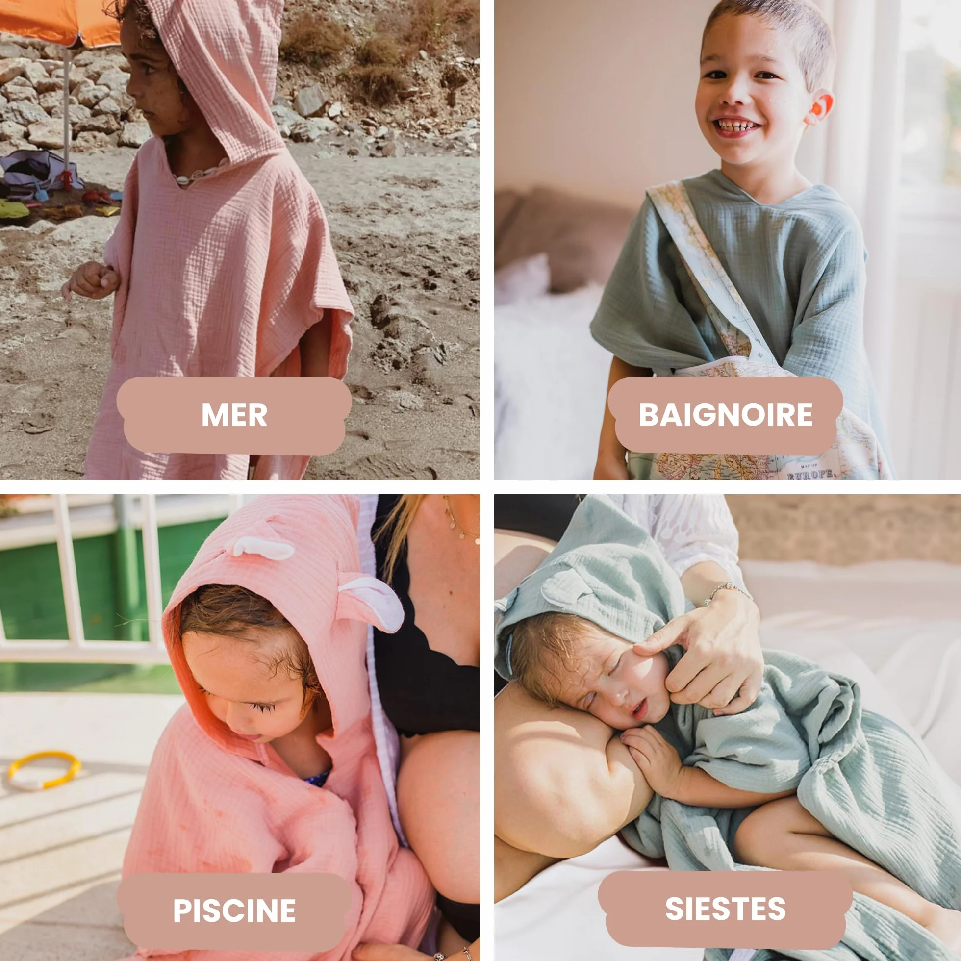 Poncho de Bain Bébé en Mousseline 100% Coton pour Enfant, Léger et Absorbant