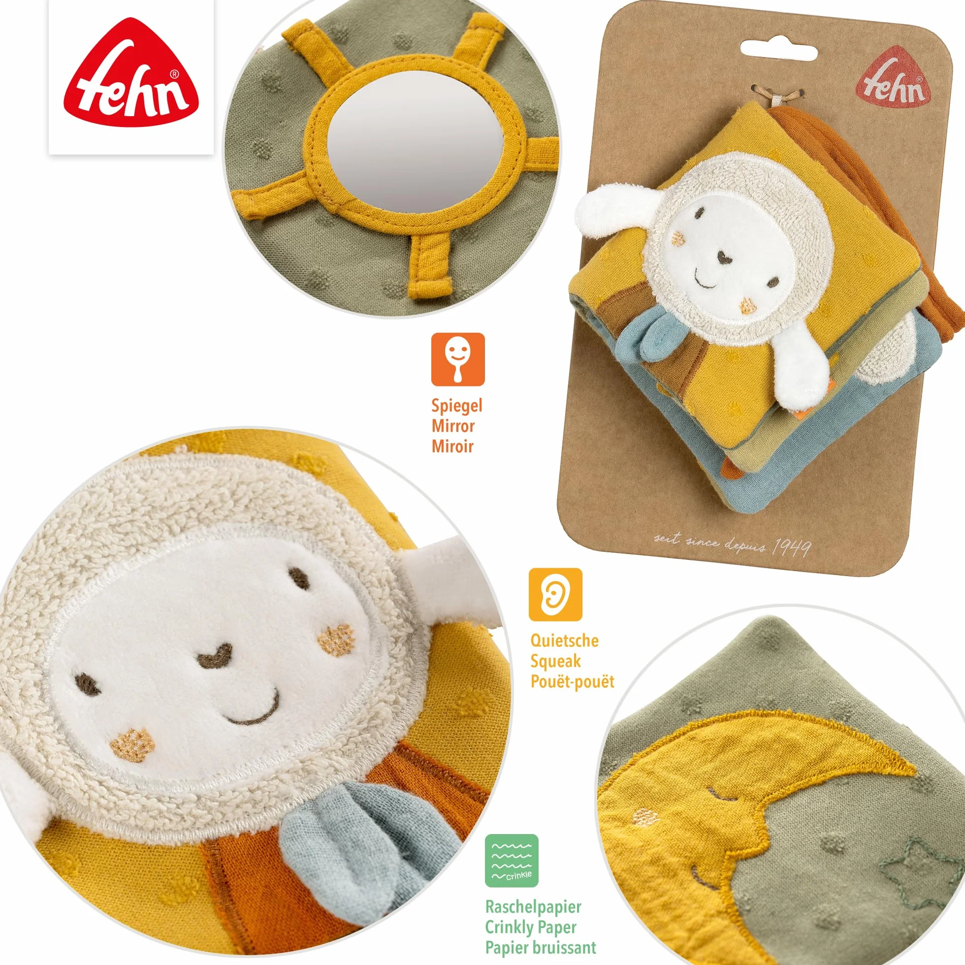 Fehn livre tactile mouton NATUR - Livre en tissu pour poussette avec couineur, papier bruissant et miroir