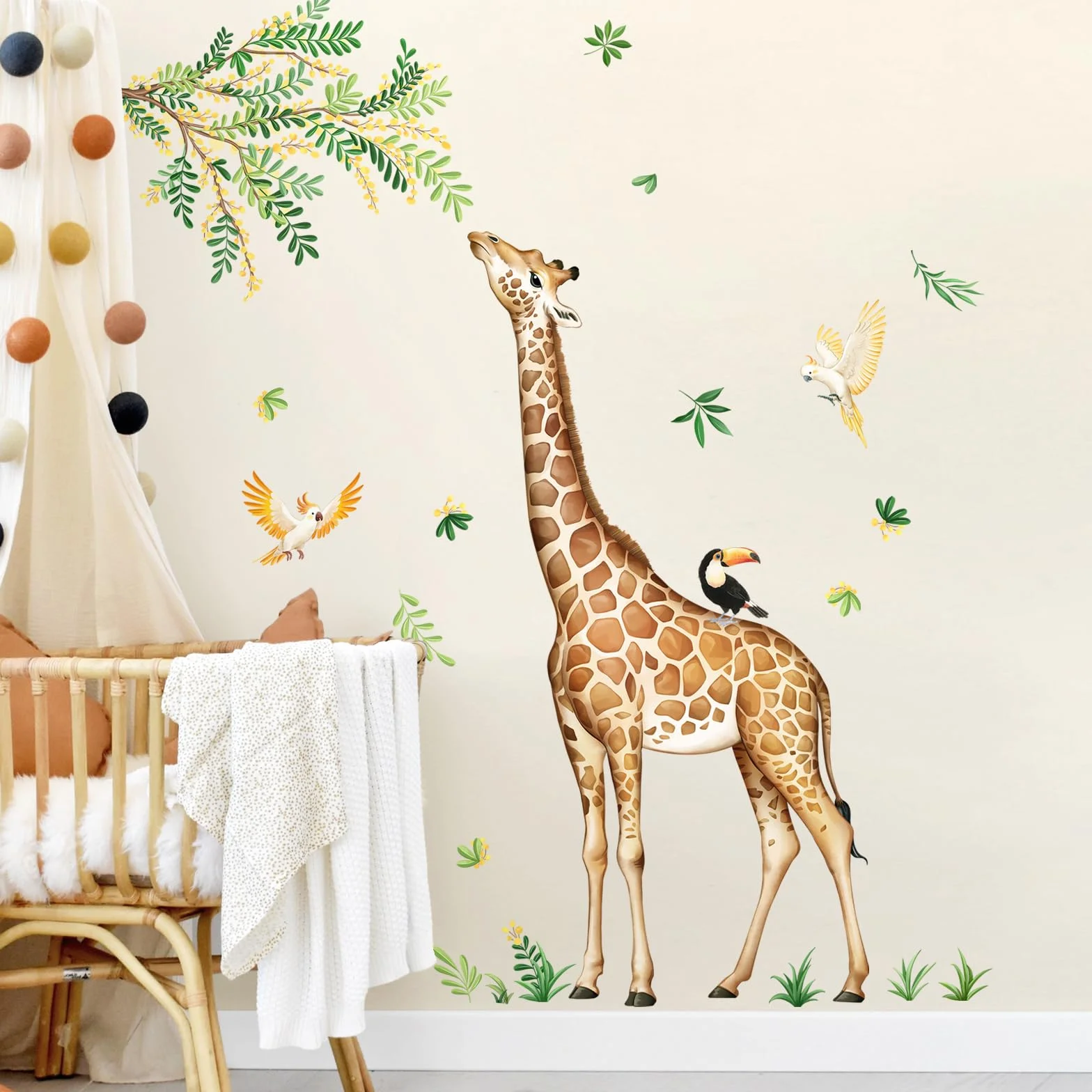 Girafe Stickers Muraux Animaux Jungle Décoration Murale Safari Feuilles Vertes Chambre Bébé Enfant