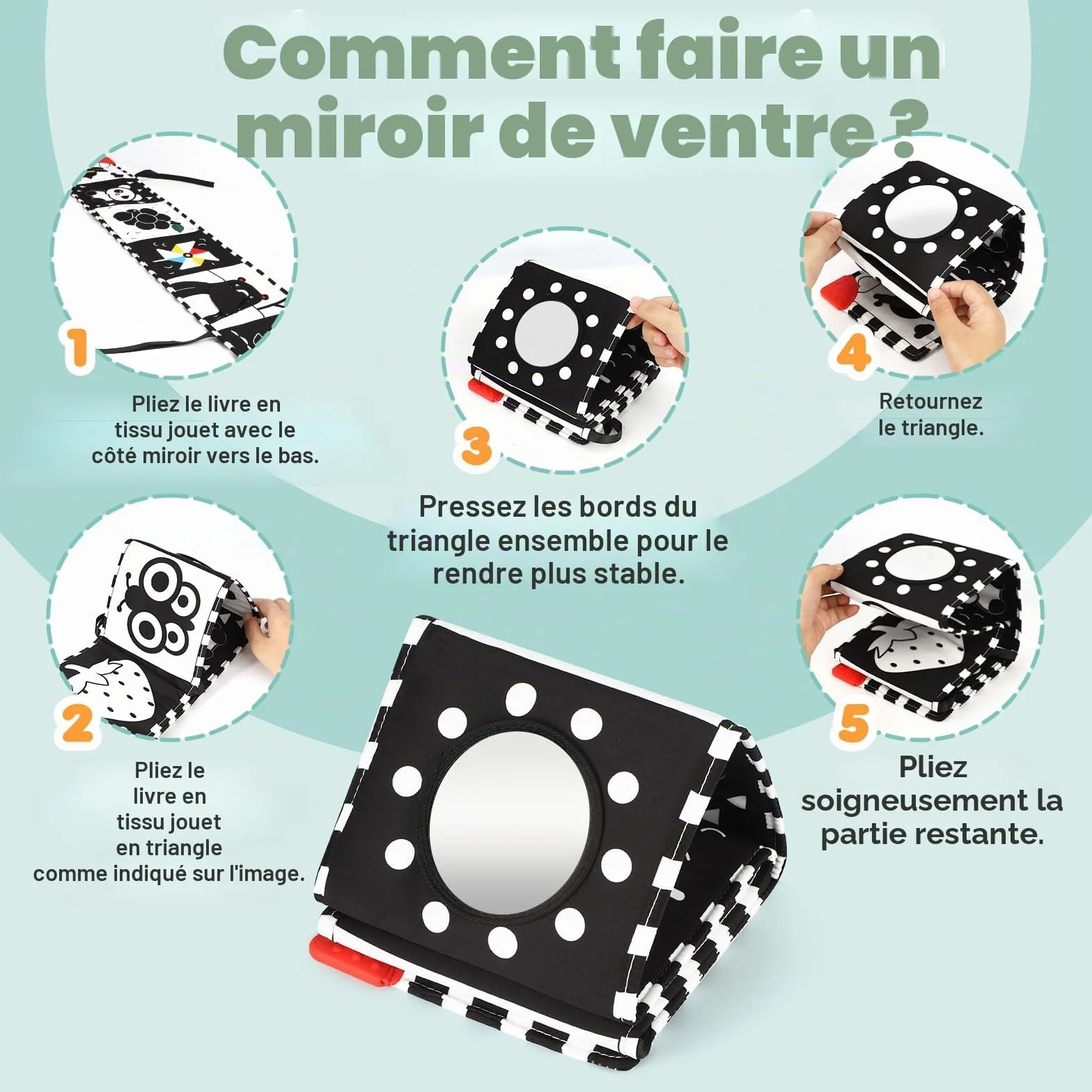 BBWOO Livre bébé 0-12 Mois Noir et Blanc sensoriel Montessori Jouet d'éveil Tummy Time Pliable Lavable avec Anneau Dentition et Miroir