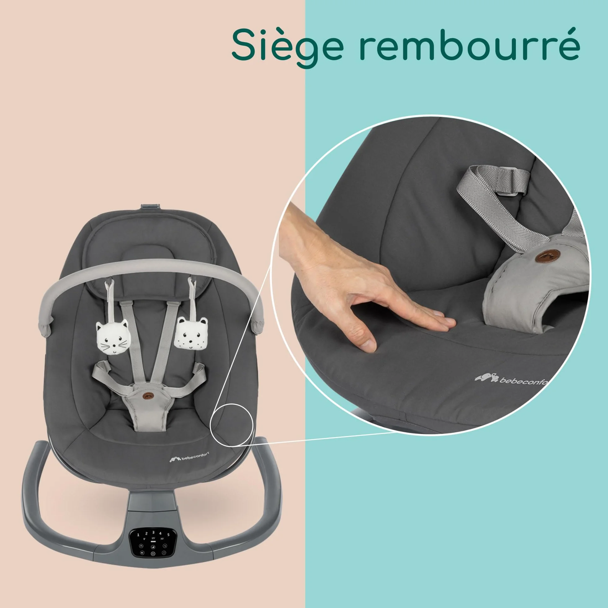 Bebeconfort Jolana balancelle bébé électrique 0-6 mois 9 kg détection de mouvement 12 chansons 5 sons naturels dossier réglable Tinted Graphite