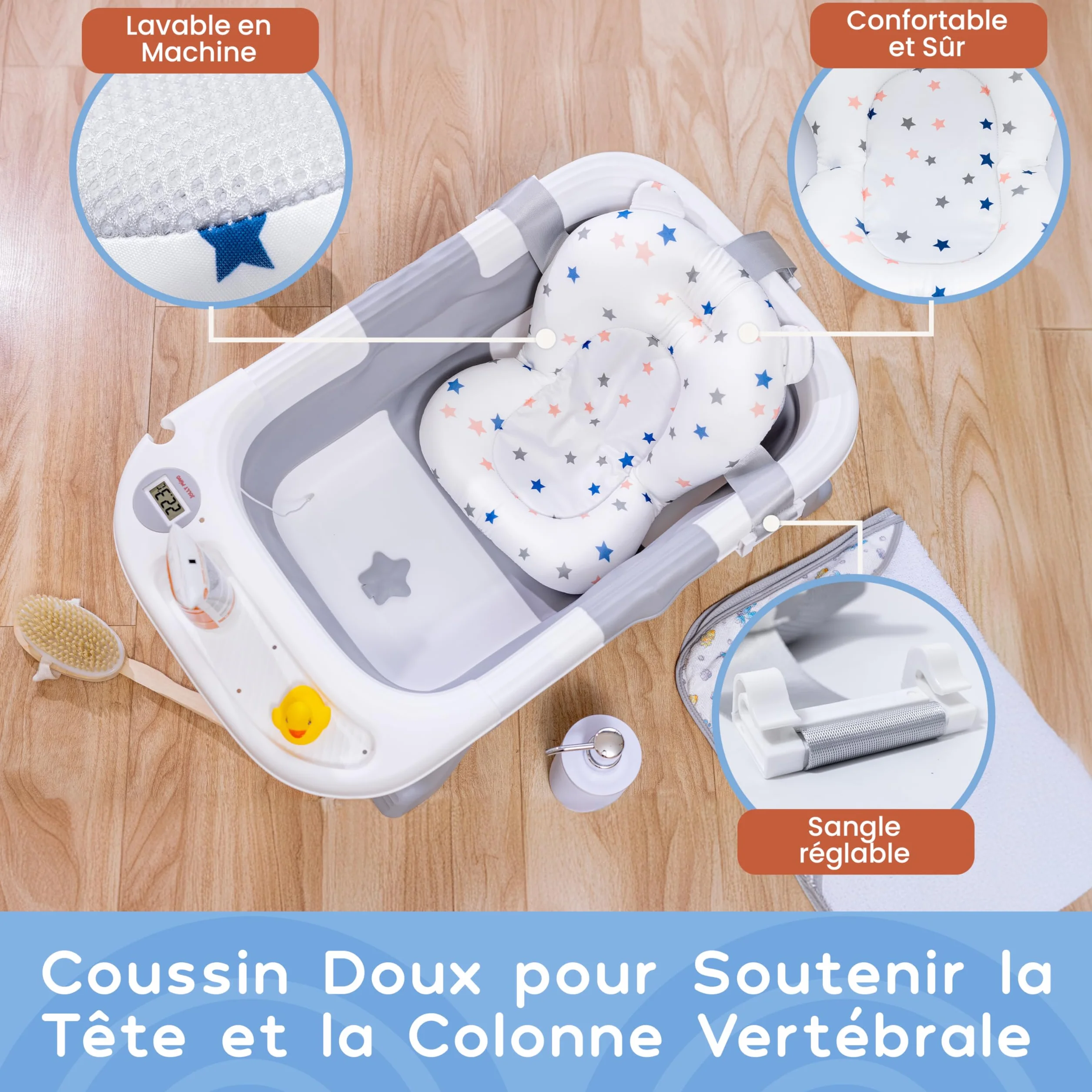 JOLLY MINO Baignoire Pliable Bébé avec Thermometre Digital et Coussin de Bain