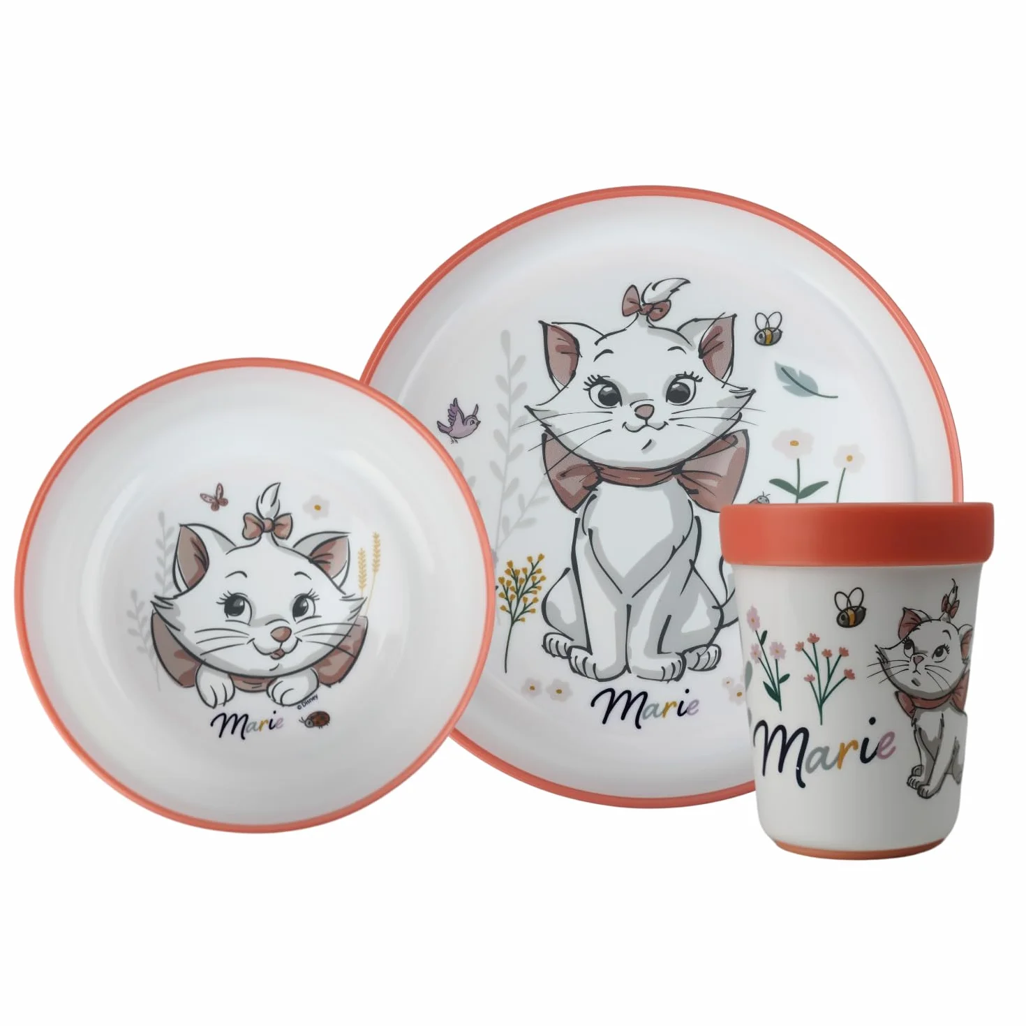Disney Baby Aristochats Marie Coffret Repas 3 Pièces Bol Assiette Gobelet Anti-Dérapants Blanc
