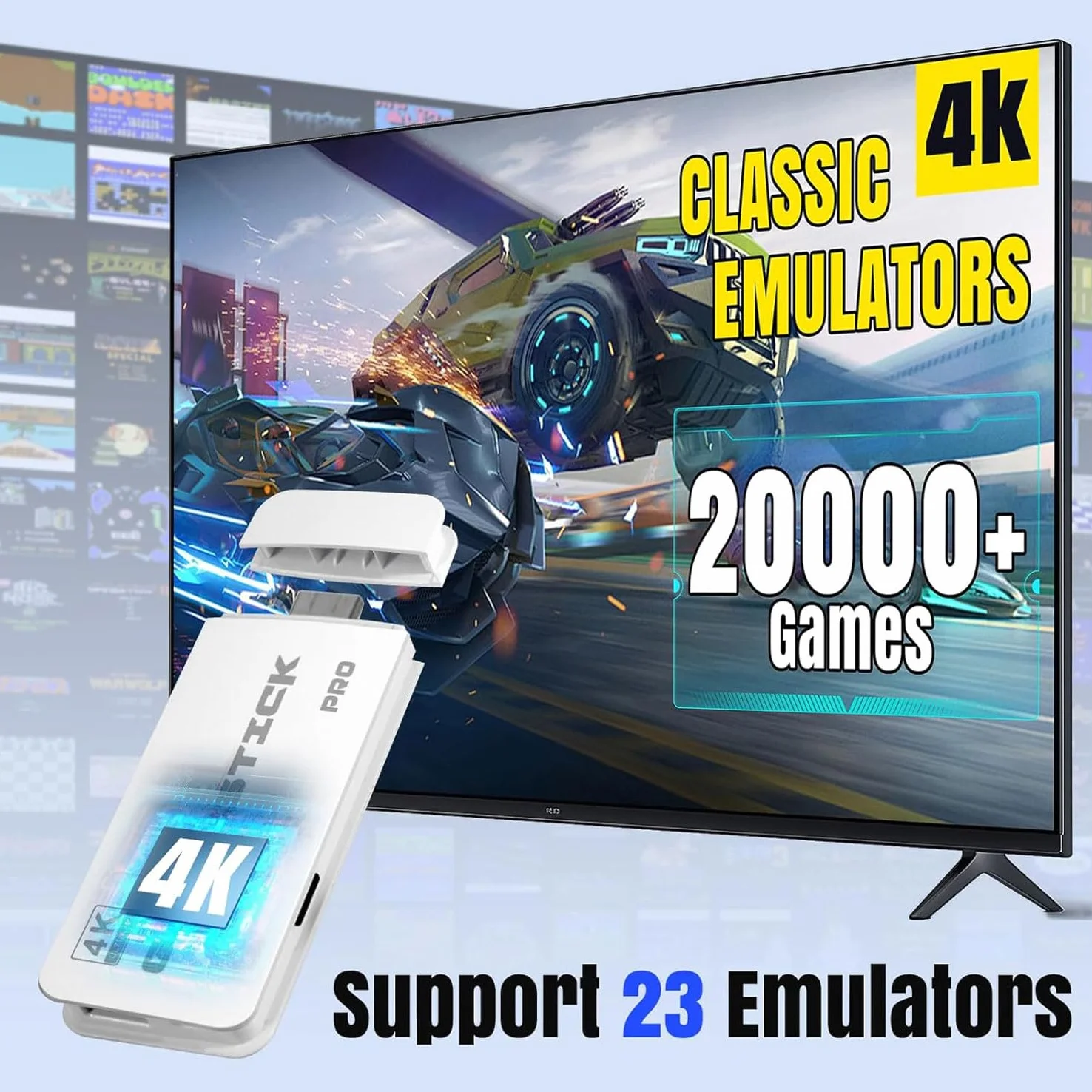Console Rétrogaming TV Stick HDMI 4K 20000+ Jeux 23 Émulateurs 2 Manettes sans Fil Blanc