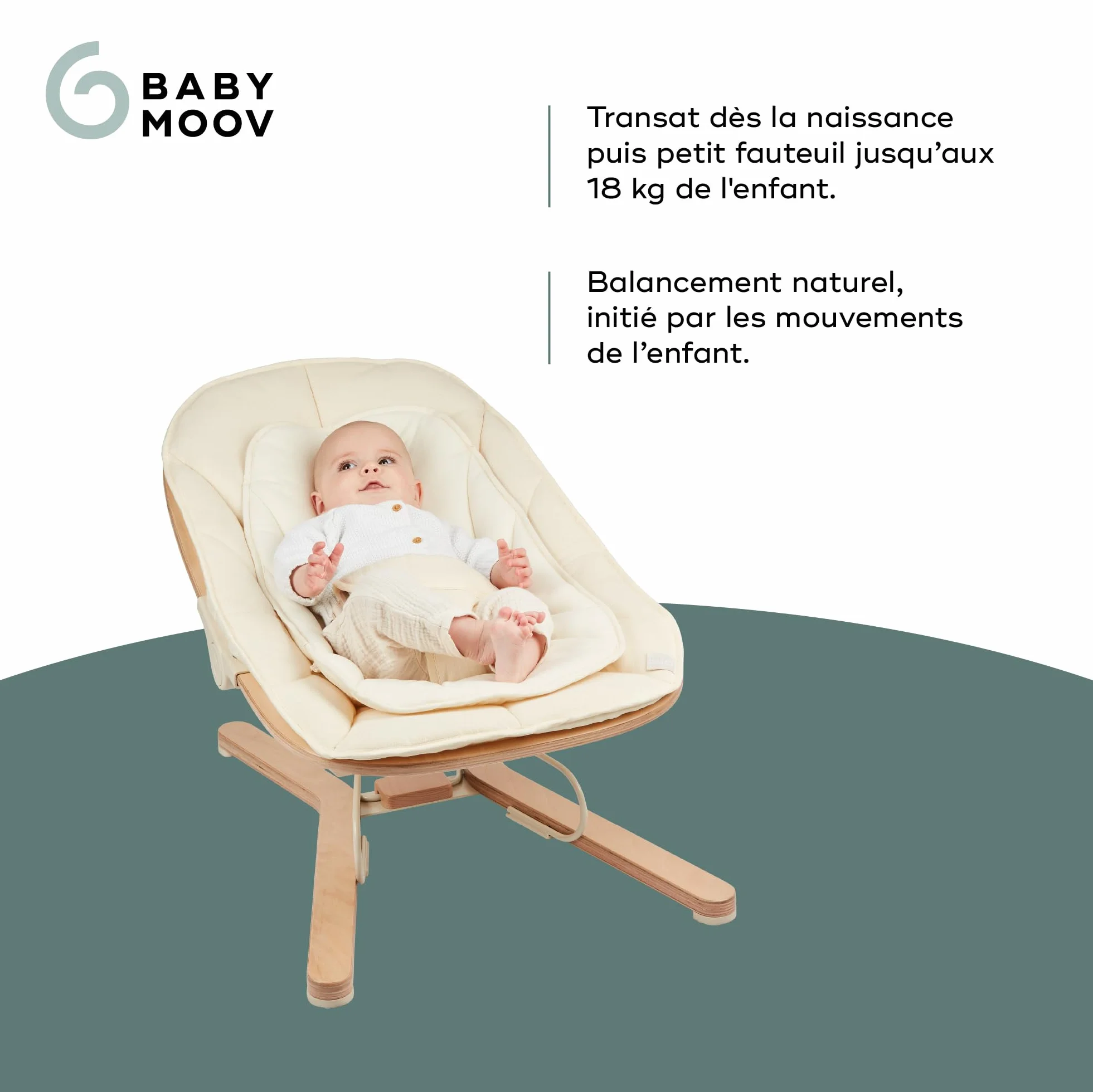Babymoov Transat Bébé Bois Swoon Flow Évolutif Fauteuil Enfant 18kg Balancement Naturel 3 Positions Dossier Coton Bio Bois FSC