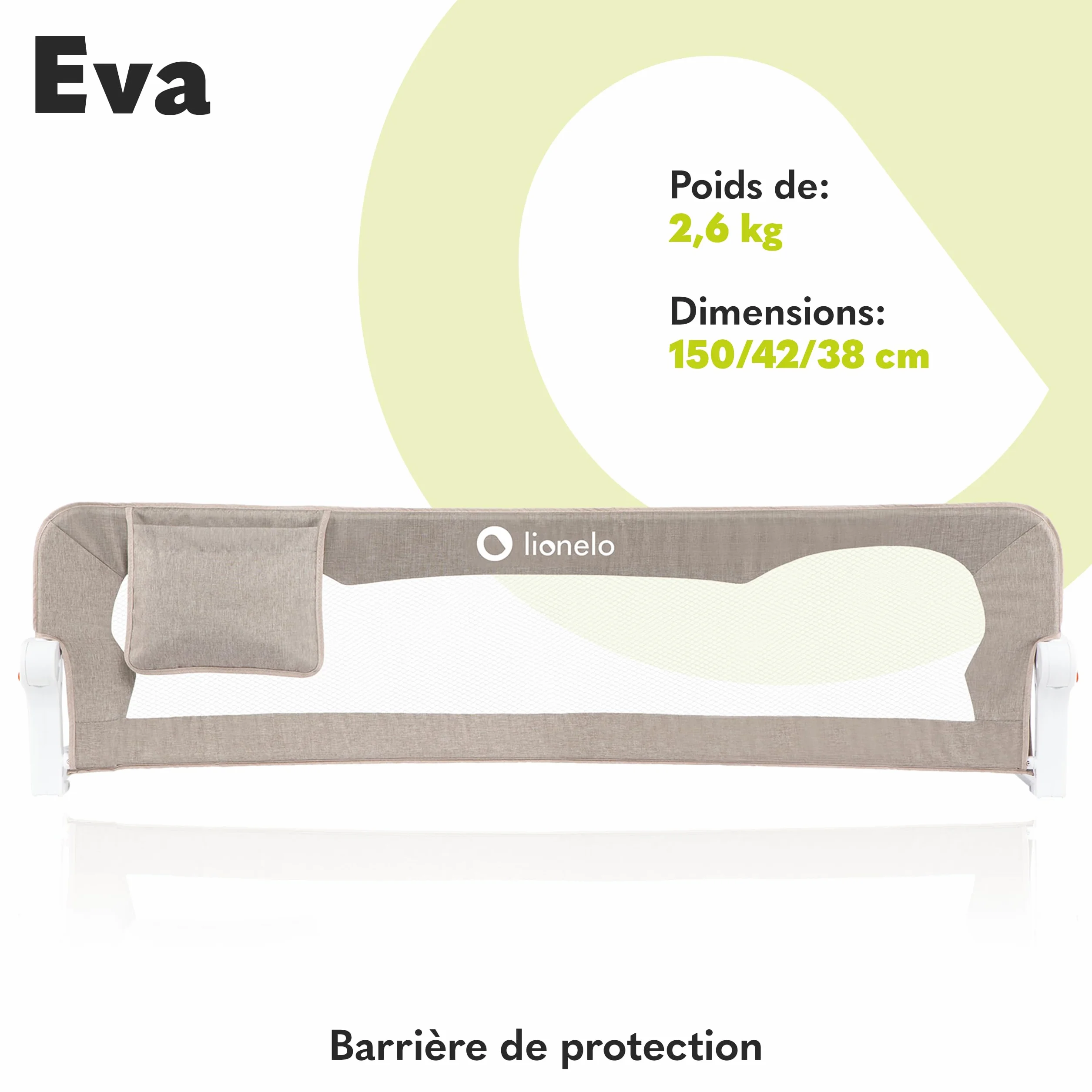 Lionelo Eva Barrière de Lit 150cm x 42cm Pliage 180° Anti-Chute Ceintures Sécurité Cadre Métal Pliable Beige