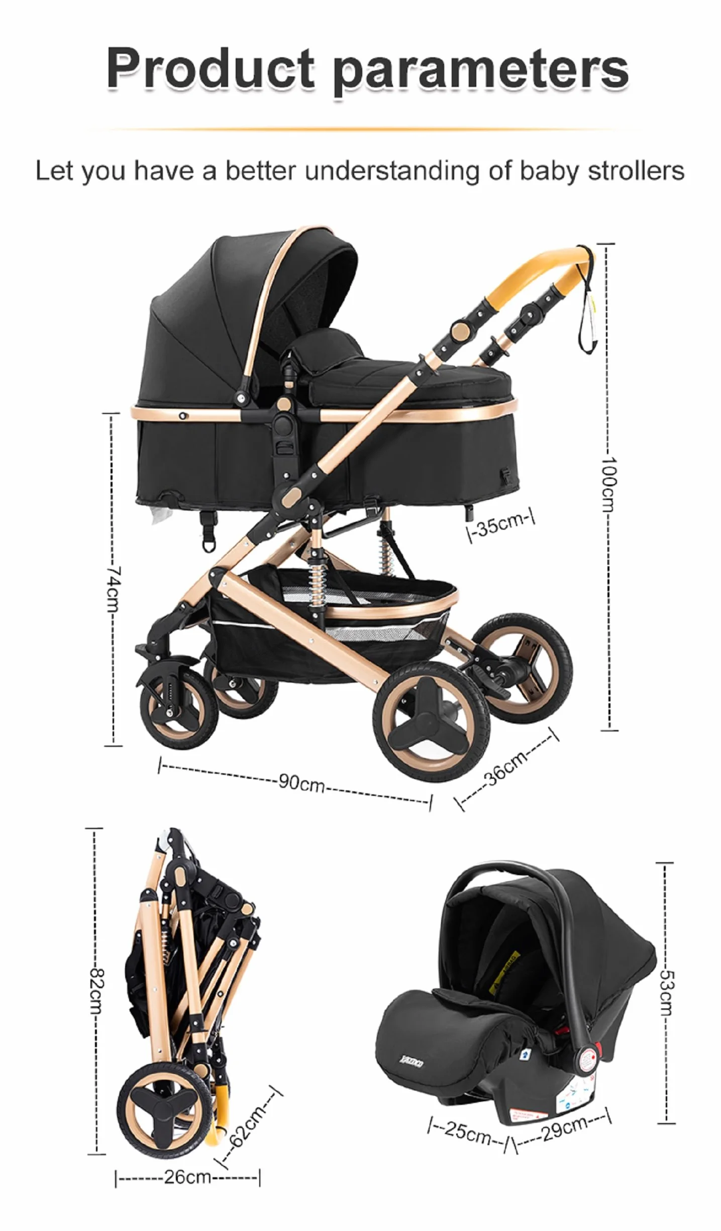 GLOKID Poussette 3 en 1, Poussette Combinée Portable Pliant en Un Clic, Cadre Aluminium Noir