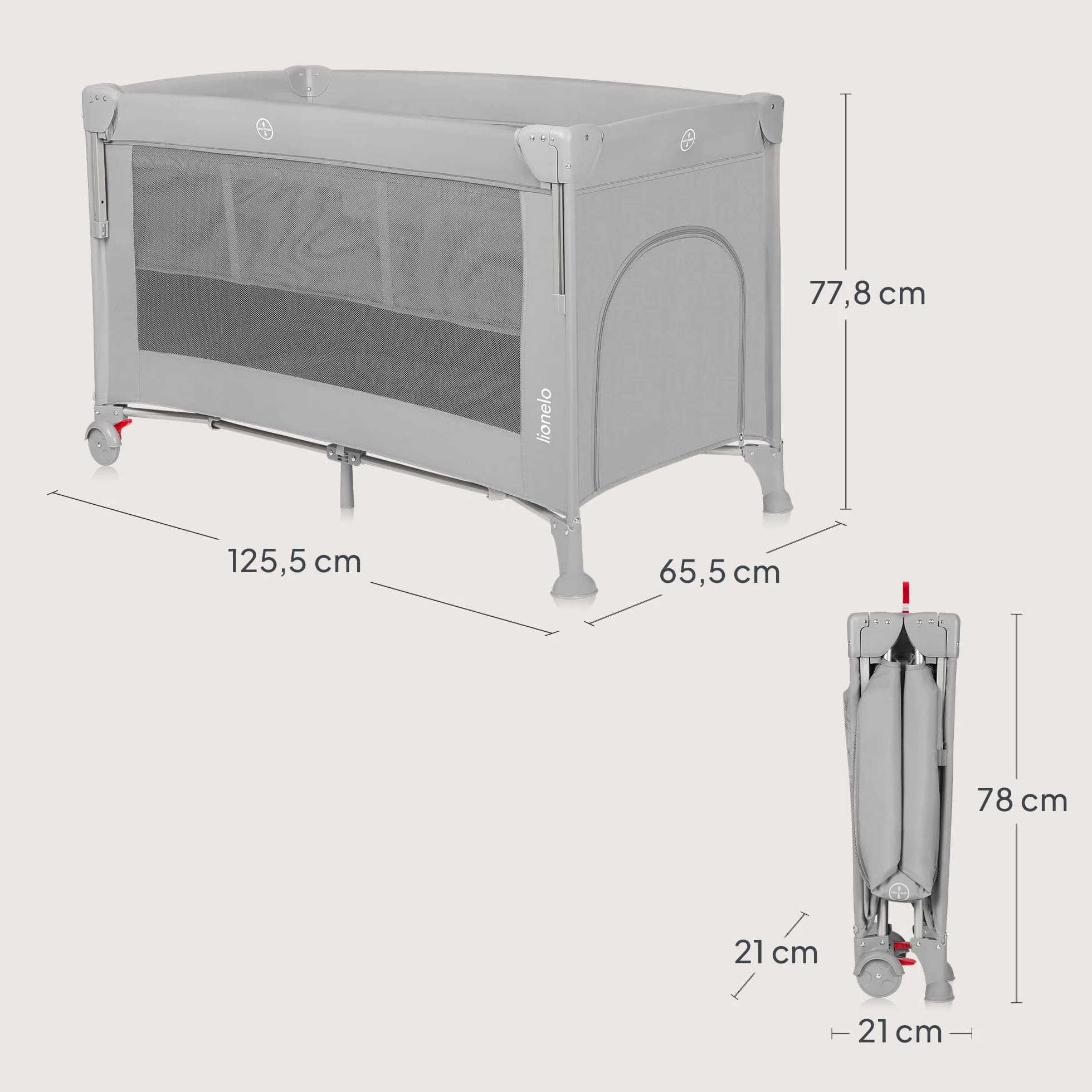 LIONELO ELLEN Lit de Voyage 3 en 1 Cododo 0-3 Ans 15 kg 2 Hauteurs Matelas Gris