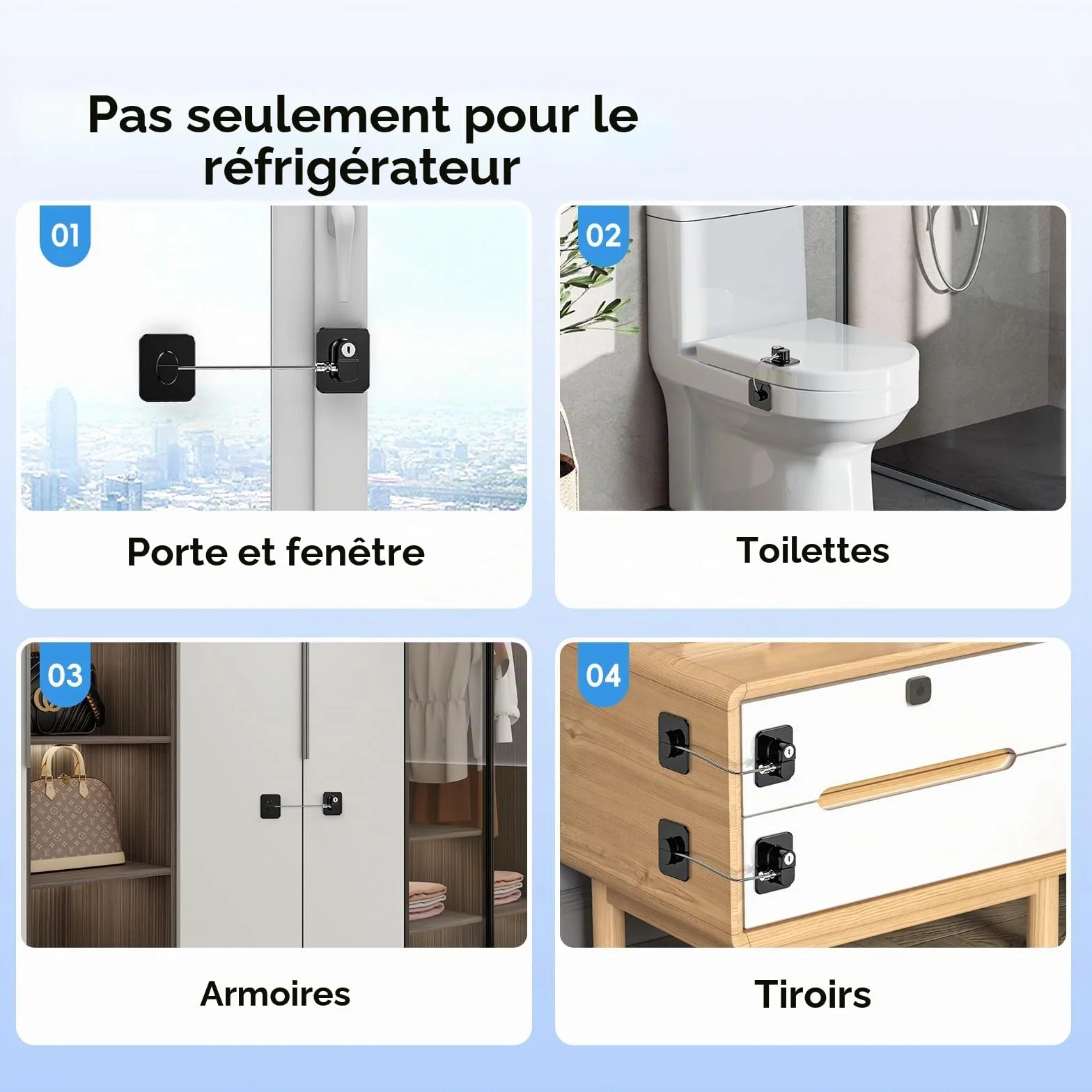 Lot de 2 Cadenas Frigo pour Enfants, Verrou Sécurité Réfrigérateur Sans Percage, Noir
