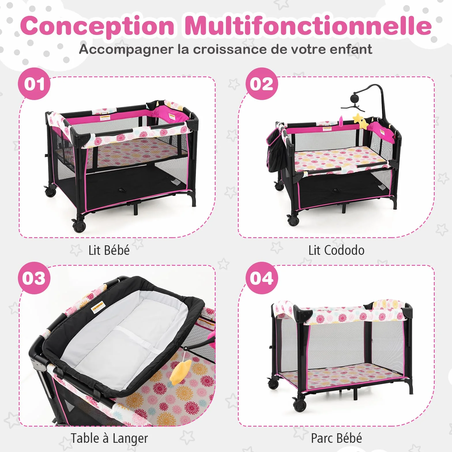 DREAMADE Lit Parapluie Bébé 4 en 1 107x72x119 cm Cododo avec Table à Lange & Matelas Noir+Rose