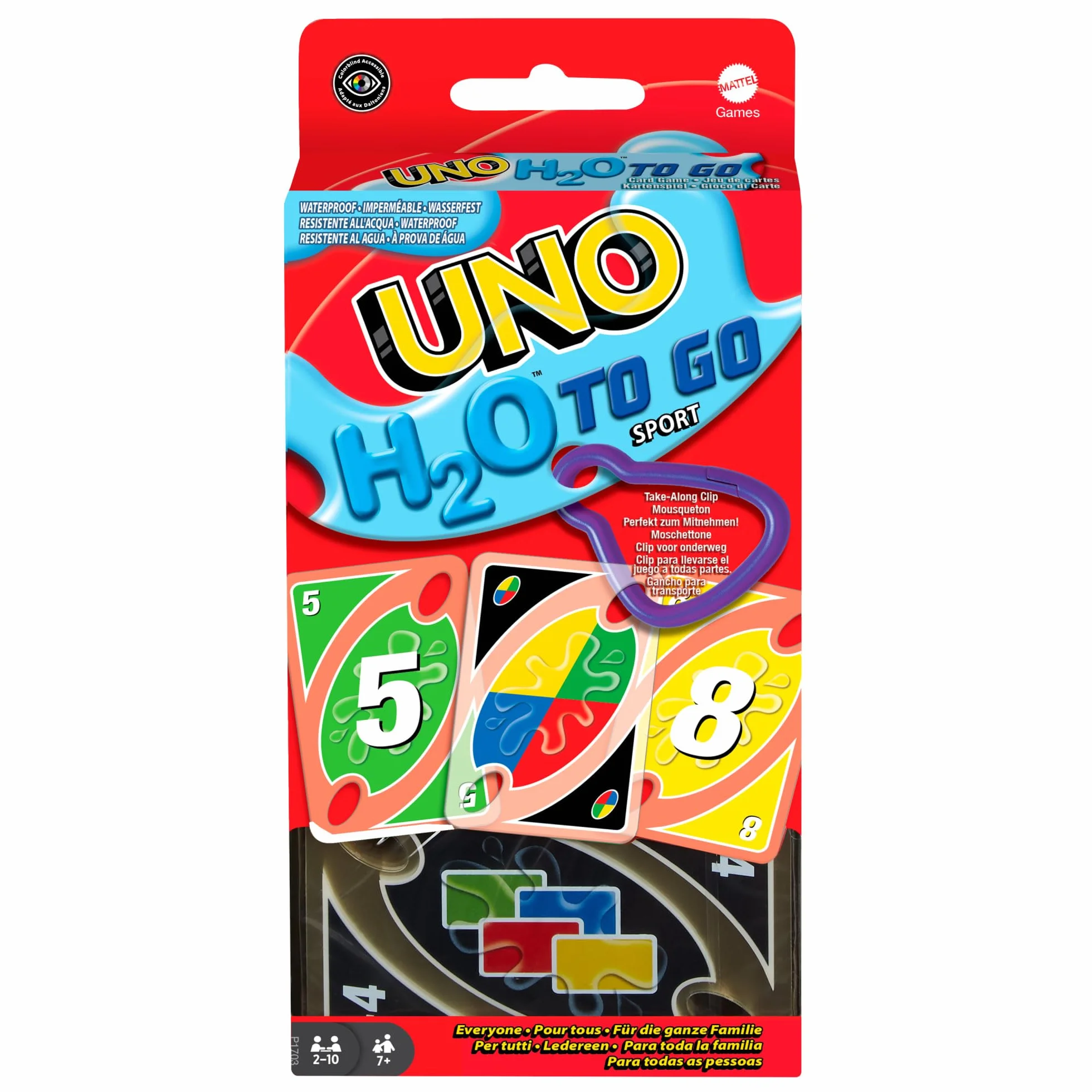UNO SPORT Jeu de 108 cartes imperméables avec mousqueton, Jeu de Société, 2-10 joueurs, dès 7 ans, P1703