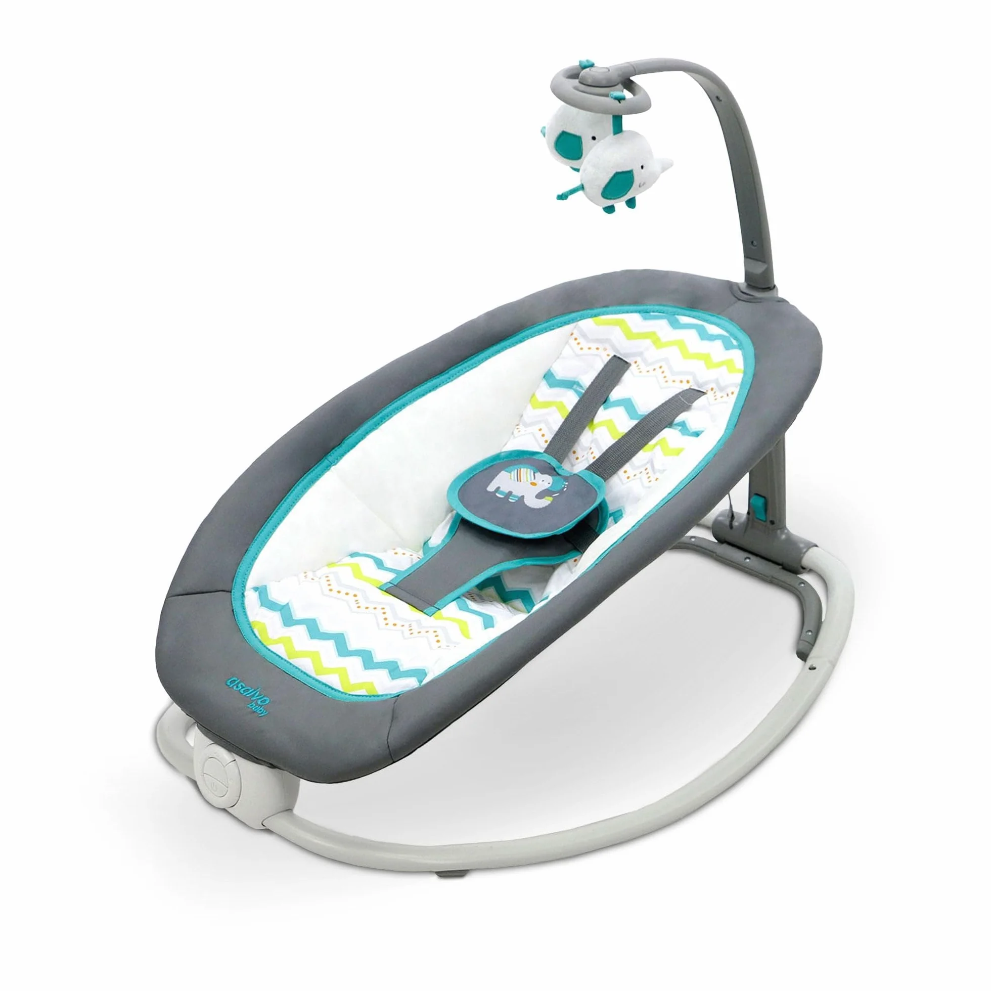 Asalvo Hamac éléphant bébé pliable 4 positions musique vibration harnais 5 points charge max 9 kg Gris Aqua