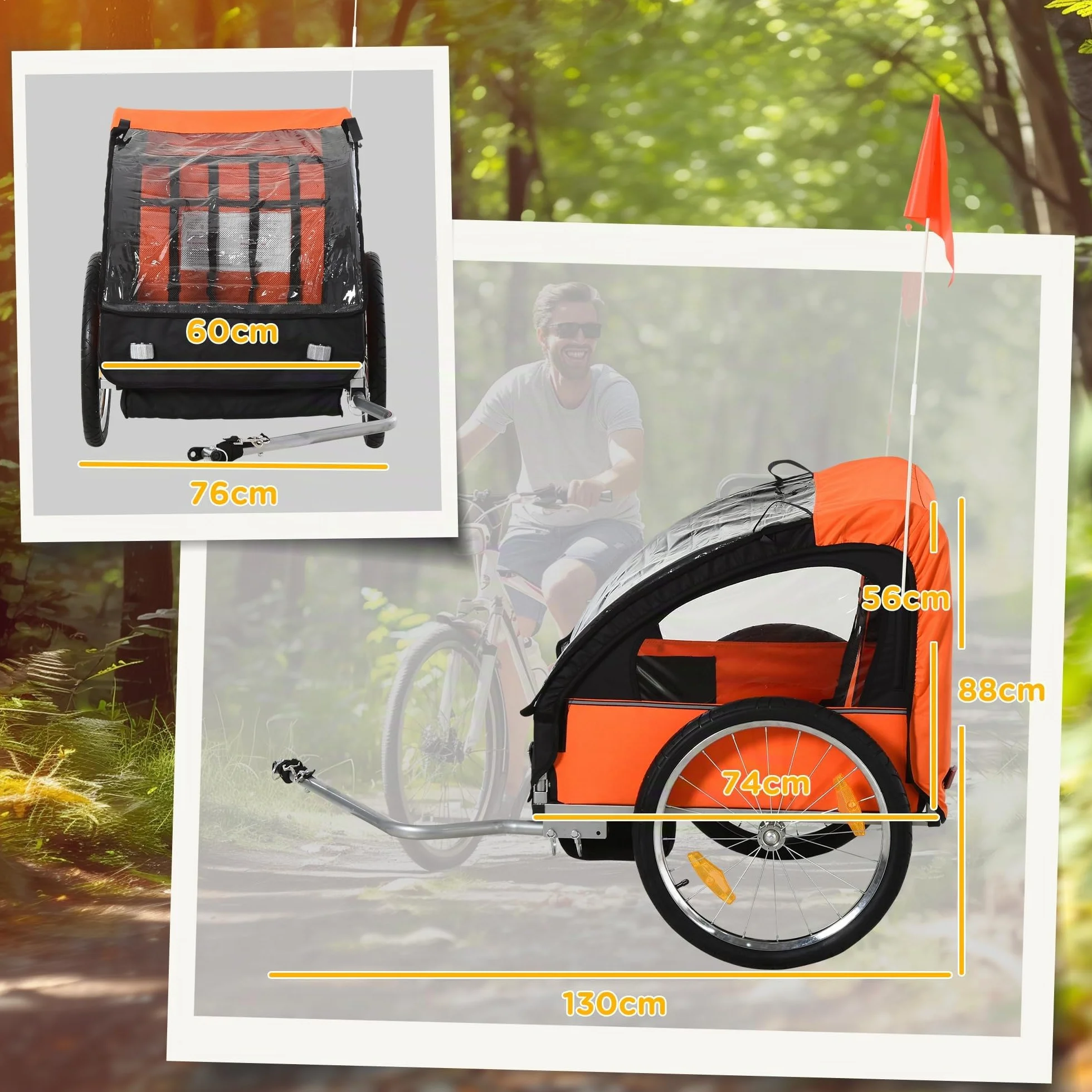 HOMCOM Remorque vélo enfants 2 sièges ceintures sécurité cadre acier housse Oxford Orange