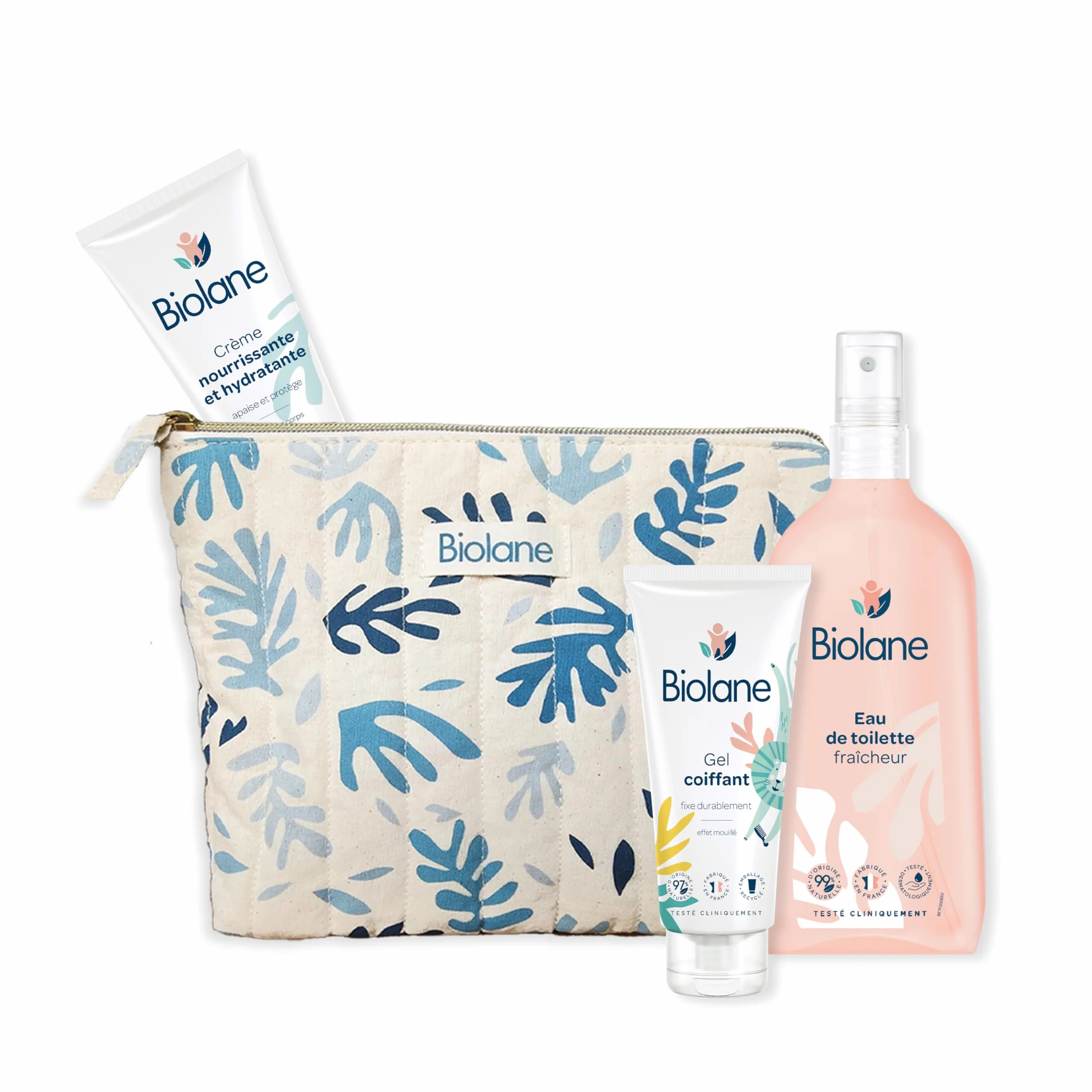 BIOLANE Trousse de toilette bébé Eau de toilette Crème Hydratante Gel Cheveux Coiffant Soin Ingrédients naturels Format nomade Fabriquée France