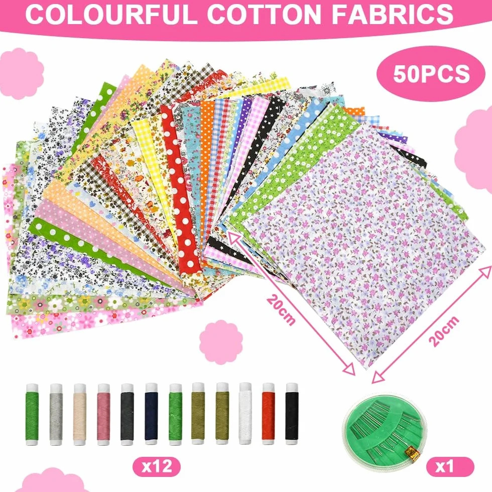 Tissus Coton 50PCS 20x20 cm Patchwork Colorés avec Fil et Aiguilles à Coudre