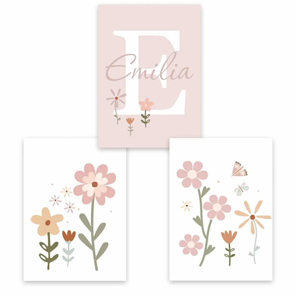 Affiche Prénom Personnalisé Bébé 30x40cm Tableau Décoration Murale Chambre Fille Rose Fleurs Poster Toile Cadeau