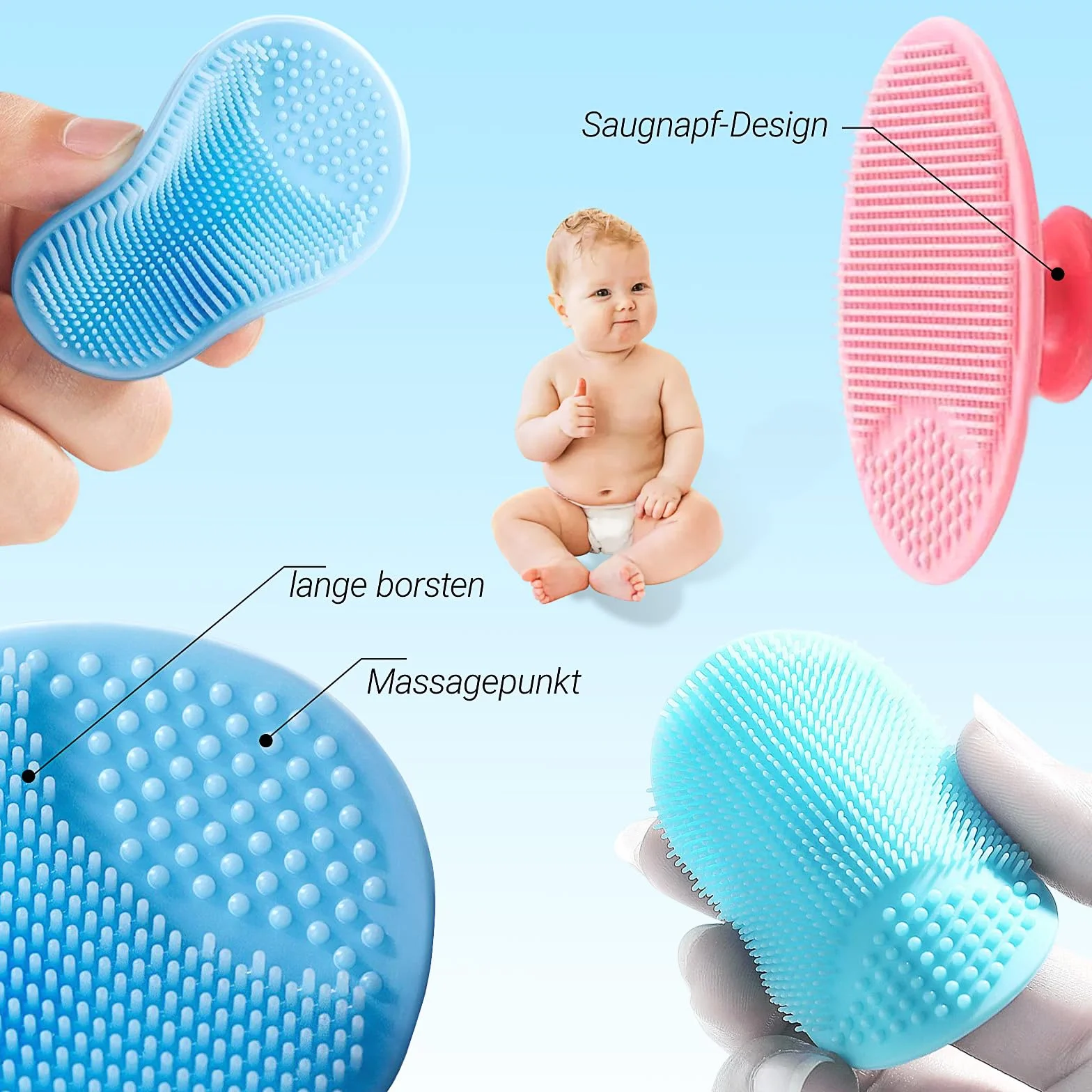 Brosse de bain bébé silicone set 3 brosses massage exfoliante peau sèche croûtes langes eczéma bleu vert rose