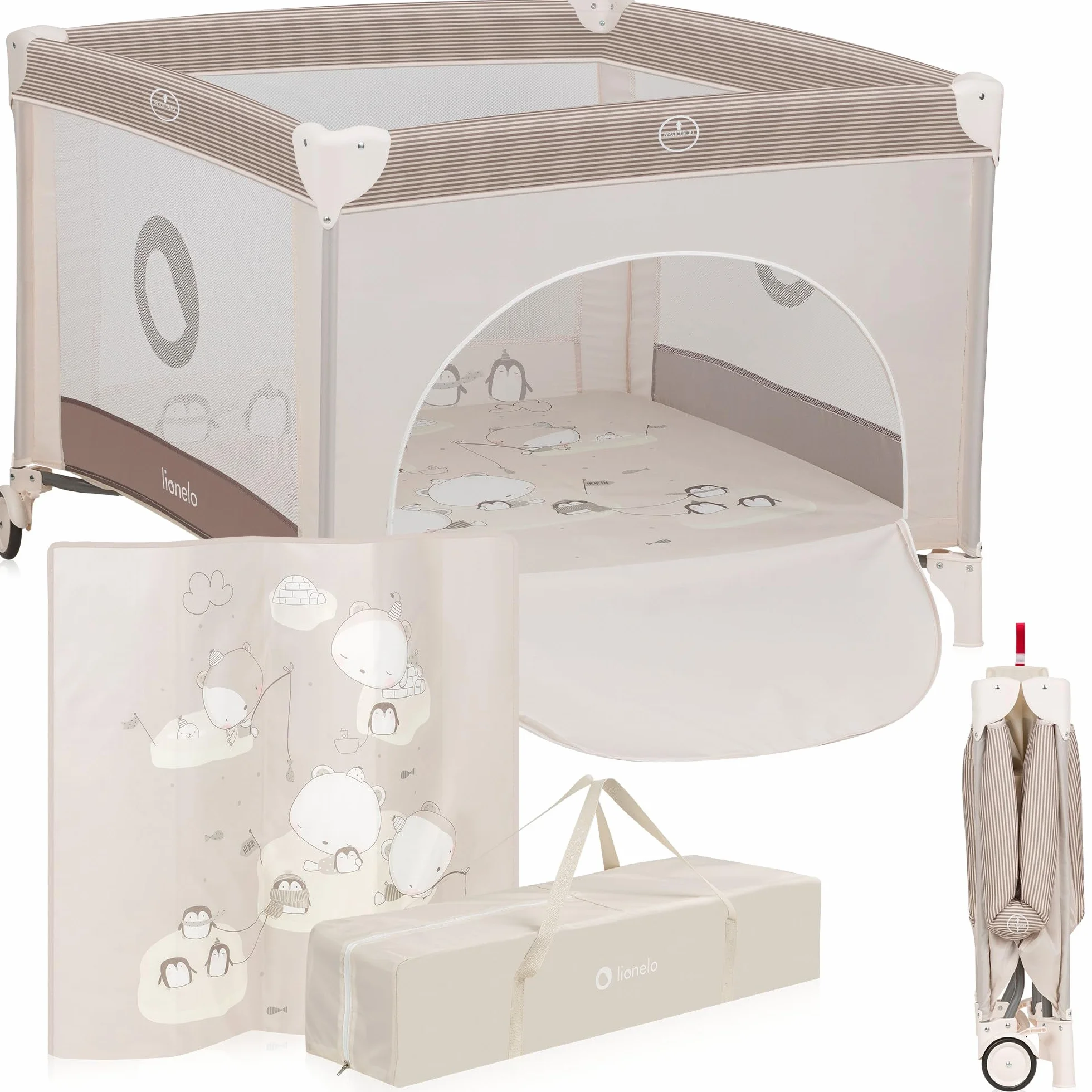 LIONELO BONNIE Parc Bébé 15 kg Naissance 36 mois Accès Latéral Zippé Filets Latéraux Aérés Pliage Rapide Roues Freinées Sac Transport Beige