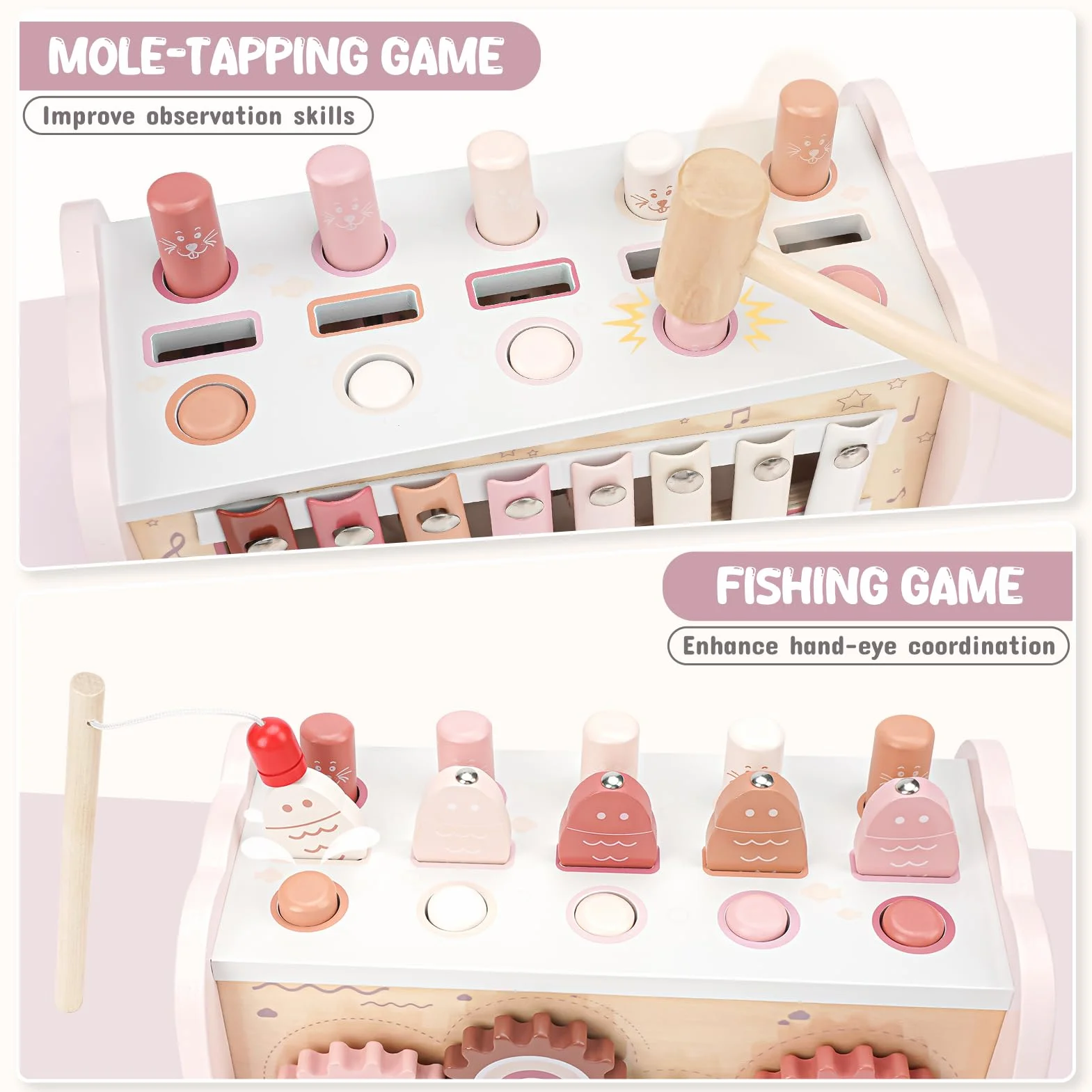 Joyreal Jeux Montessori 1 an - 4 en 1 Xylophone Bebe, Jeu Pêche, Jeu Marteau, Jouet en Bois Motricité Bébé Jeux Educatif