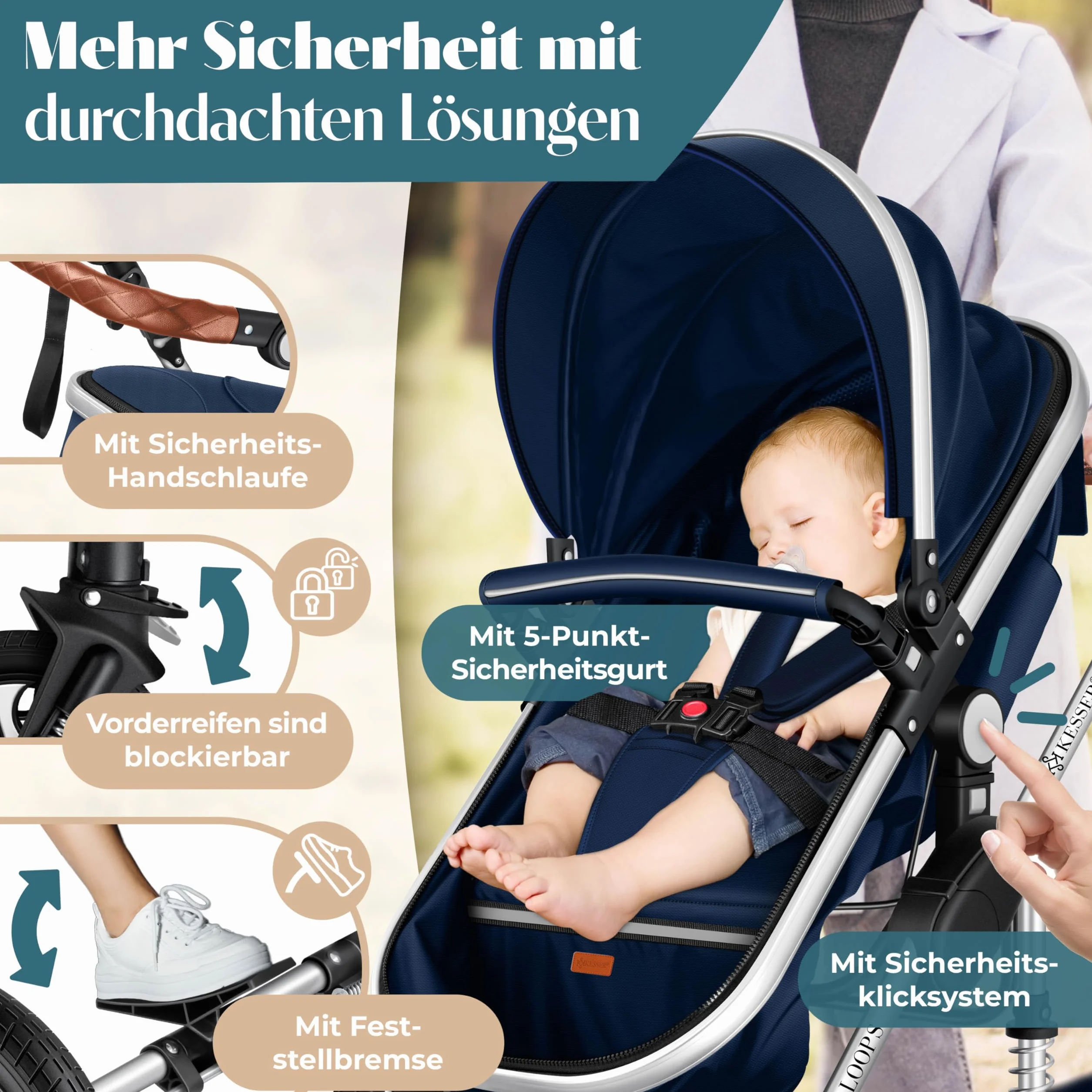 KESSER Ensemble poussette combinée 4 en 1 nacelle siège pneus caoutchouc plein ECE R129 Bleu Argent