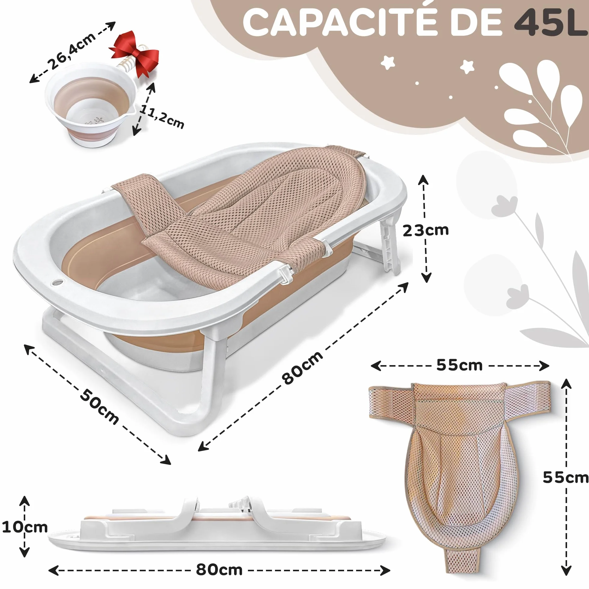 FawnsLife Baignoire Bébé Pliable XXL sur Pied avec Siège Confortable et Seau