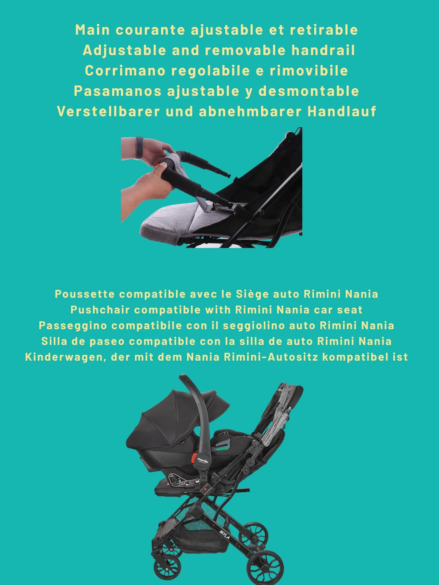 Nania Myla poussette canne compacte 0-4 ans 22kg légère 7.5kg citadine inclinable grand panier
