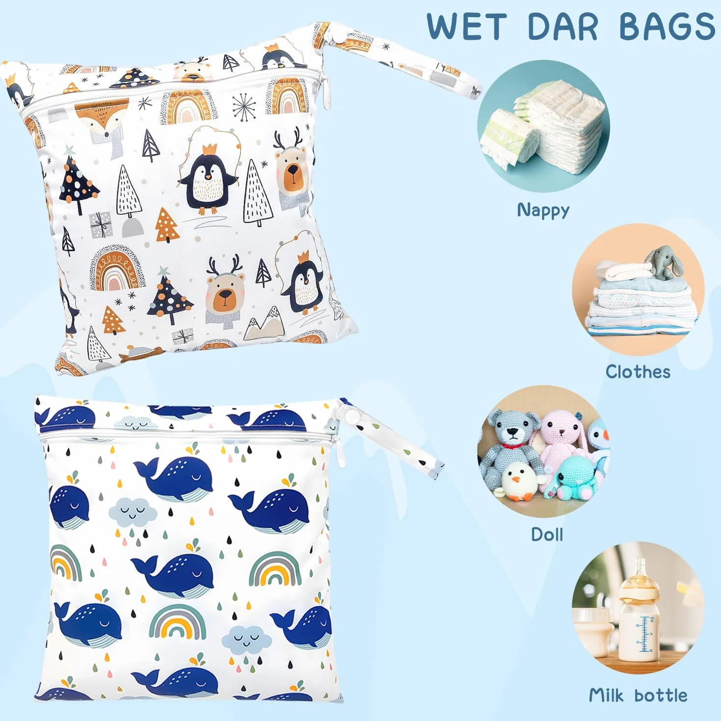 Sac Humide imperméable avec Fermeture éclair réutilisable pour bébé vêtements gym nage Pingouin Baleine