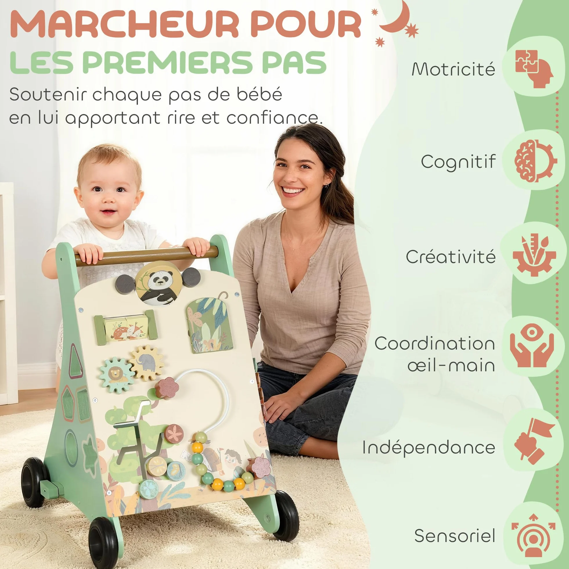 AIYAPLAY Trotteur en bois bébé contrôle vitesse centre activités xylophone engrenages labyrinthe perles chariot marche 18+ mois vert