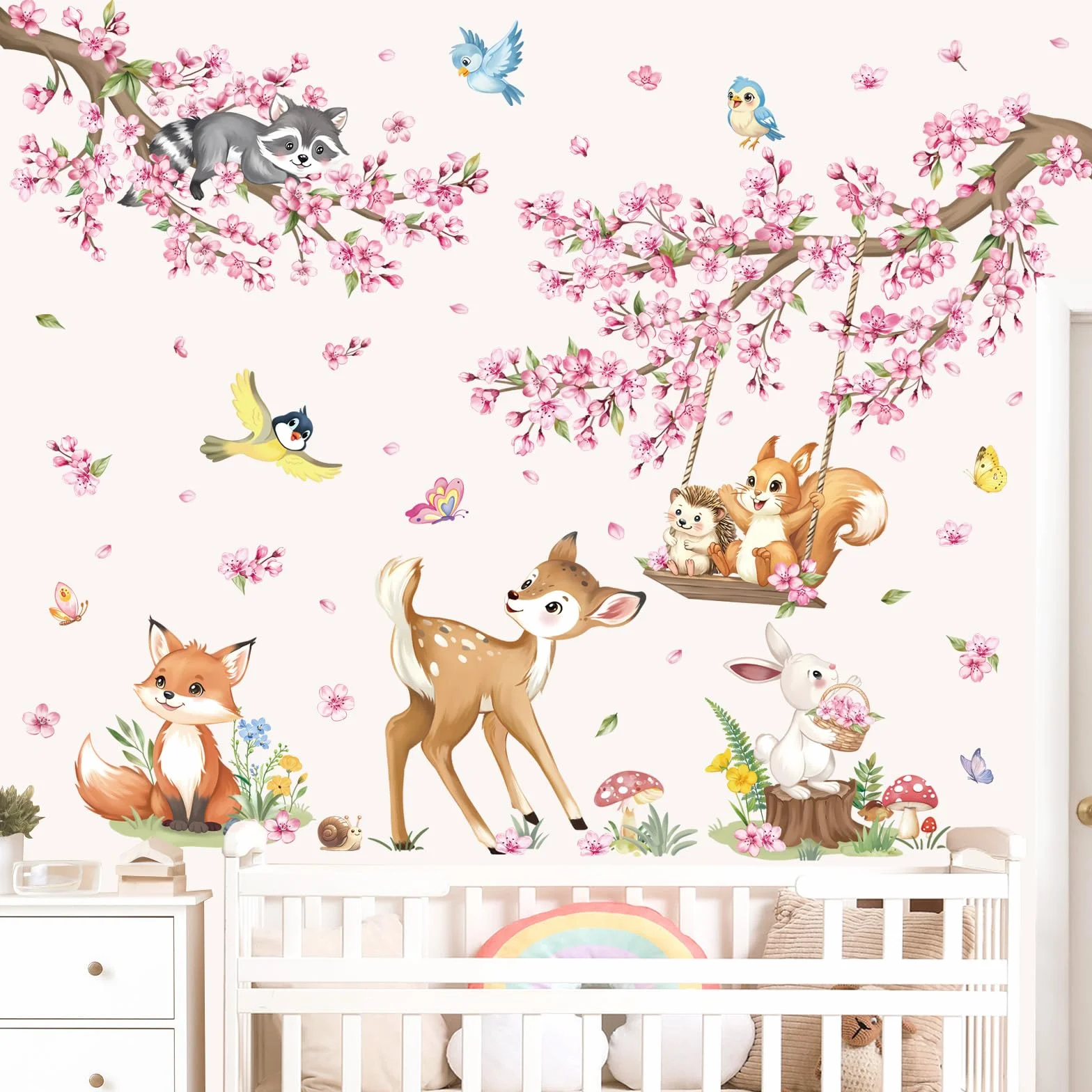 Decalmile Autocollant Mural Fleurs de Cerisier Rose Animaux des Bois Floral Branche Arbre Décoration Murale Chambre Enfants