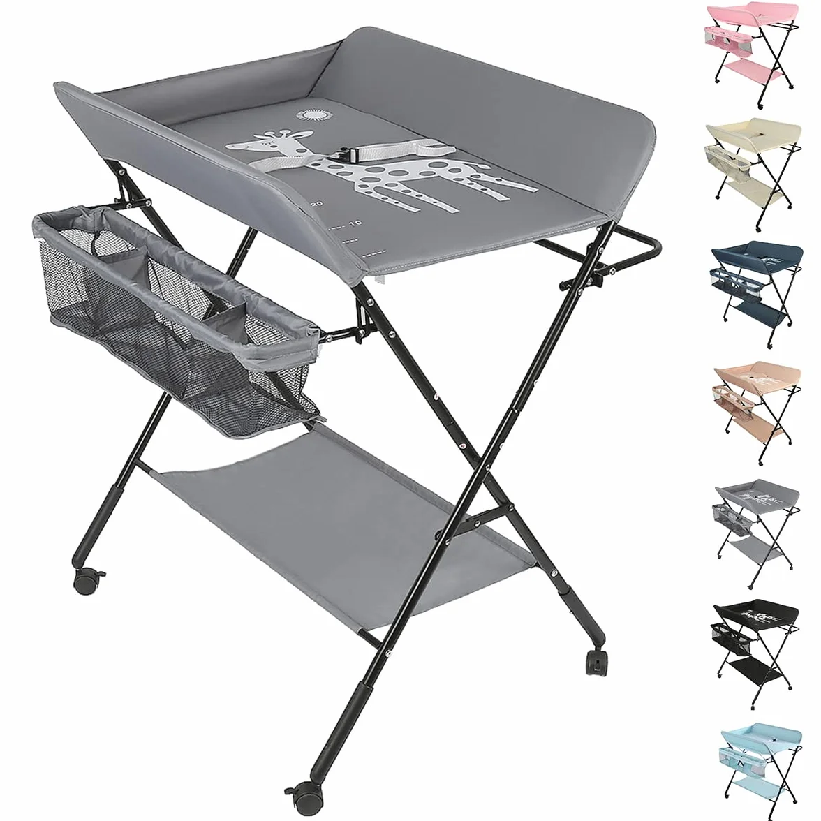 Table à langer pliante avec panier de rangement, ceinture de sécurité et 4 roues freinées, réglable en hauteur 74 x 63 x 92-98 cm Gris