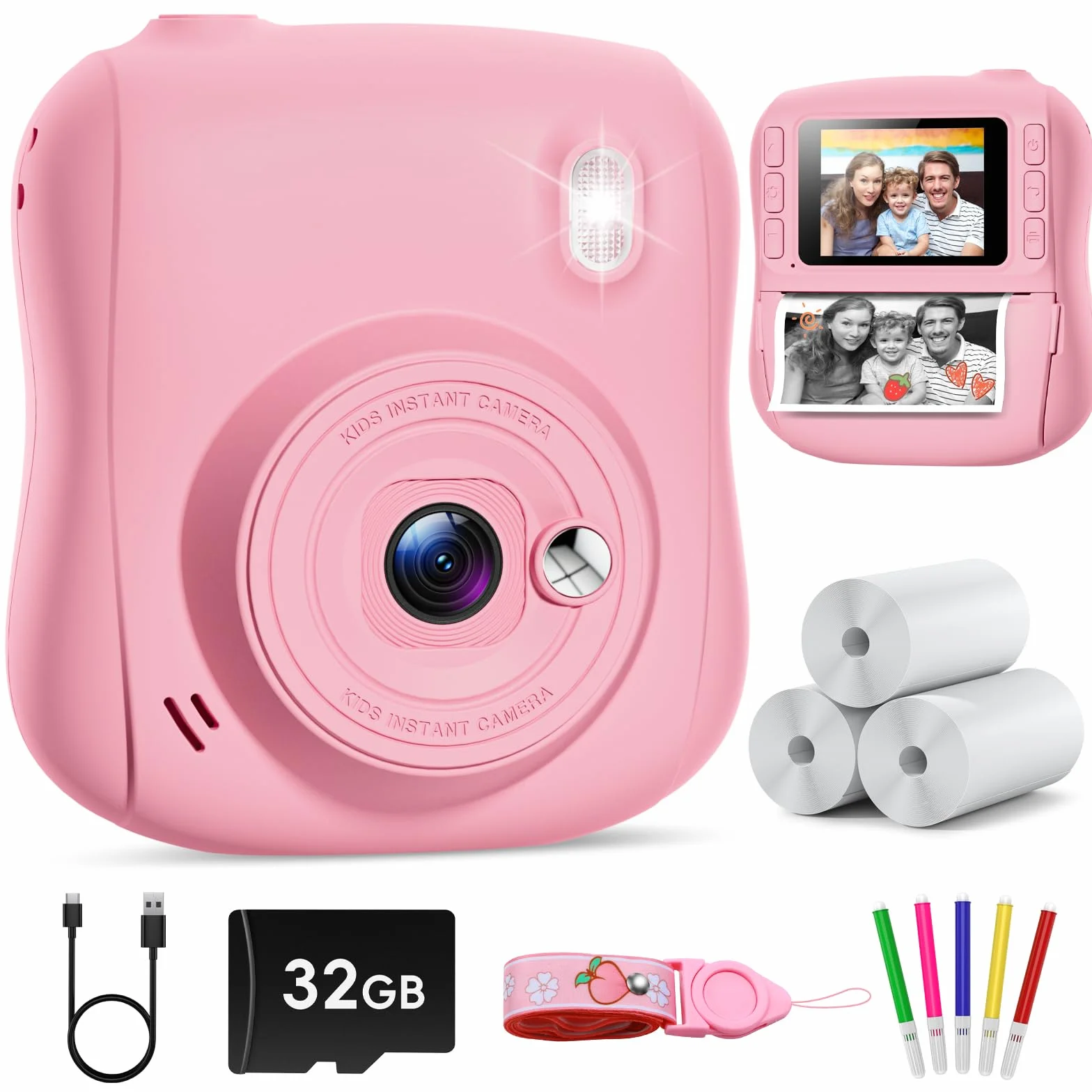 Appareil Photo Instantané Enfant 2,0 Pouces Écran HD avec Carte 32GB et 3 Rouleaux Papier Impression Cadeau Jouet Garçons Filles 3-10 Ans Rose