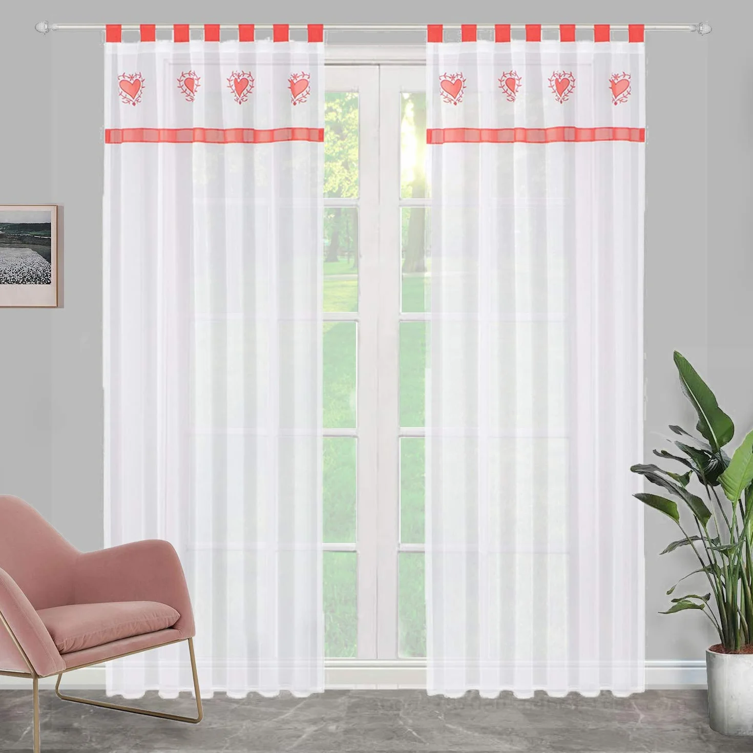 Rideaux Transparents Broderie Coeur Rouge 140x225cm SIMPVALE