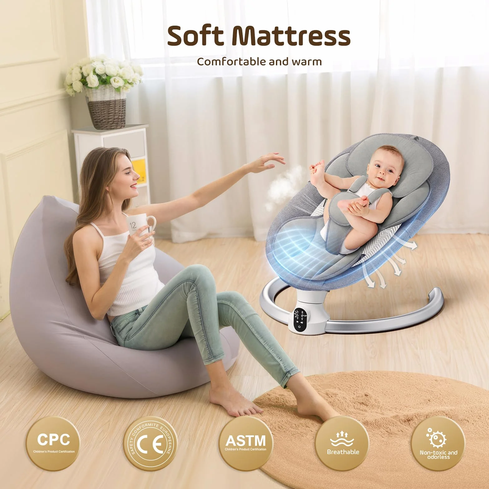 Transat Bébé Électrique Balancelle 5 Amplitudes Vibrations Minuterie Smartphone 12 Musique Naissance 6 Mois
