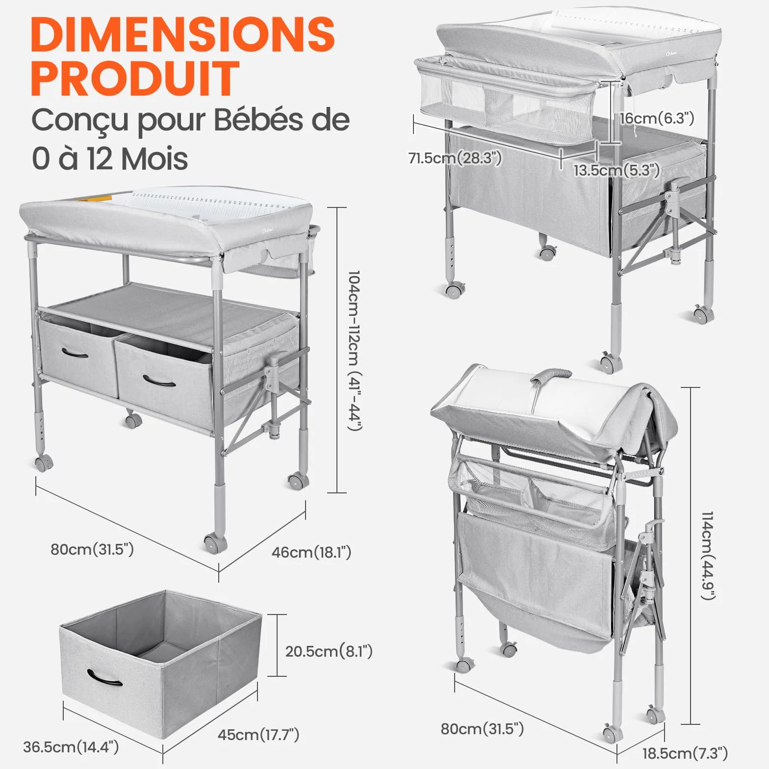 Table à Langer Bébé Pliable avec Tiroir et Veilleuse, Hauteur Réglable, Gris