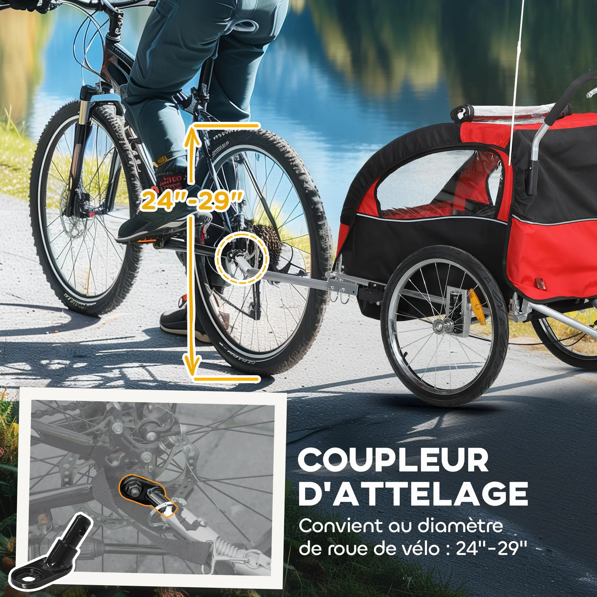 HOMCOM Remorque Velo Enfant 2 en 1 Poussette vélo bébé 2 Places, Ceinture Sécurité 5 Points, Charge 40 Kg