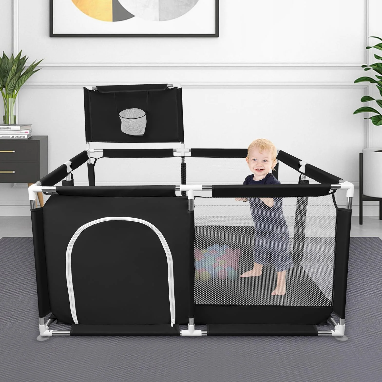 Box per Bambini con Succhiatori Recinto per Baby Tessuto Oxford 300D Centro Attività 126x126x66 cm Nero