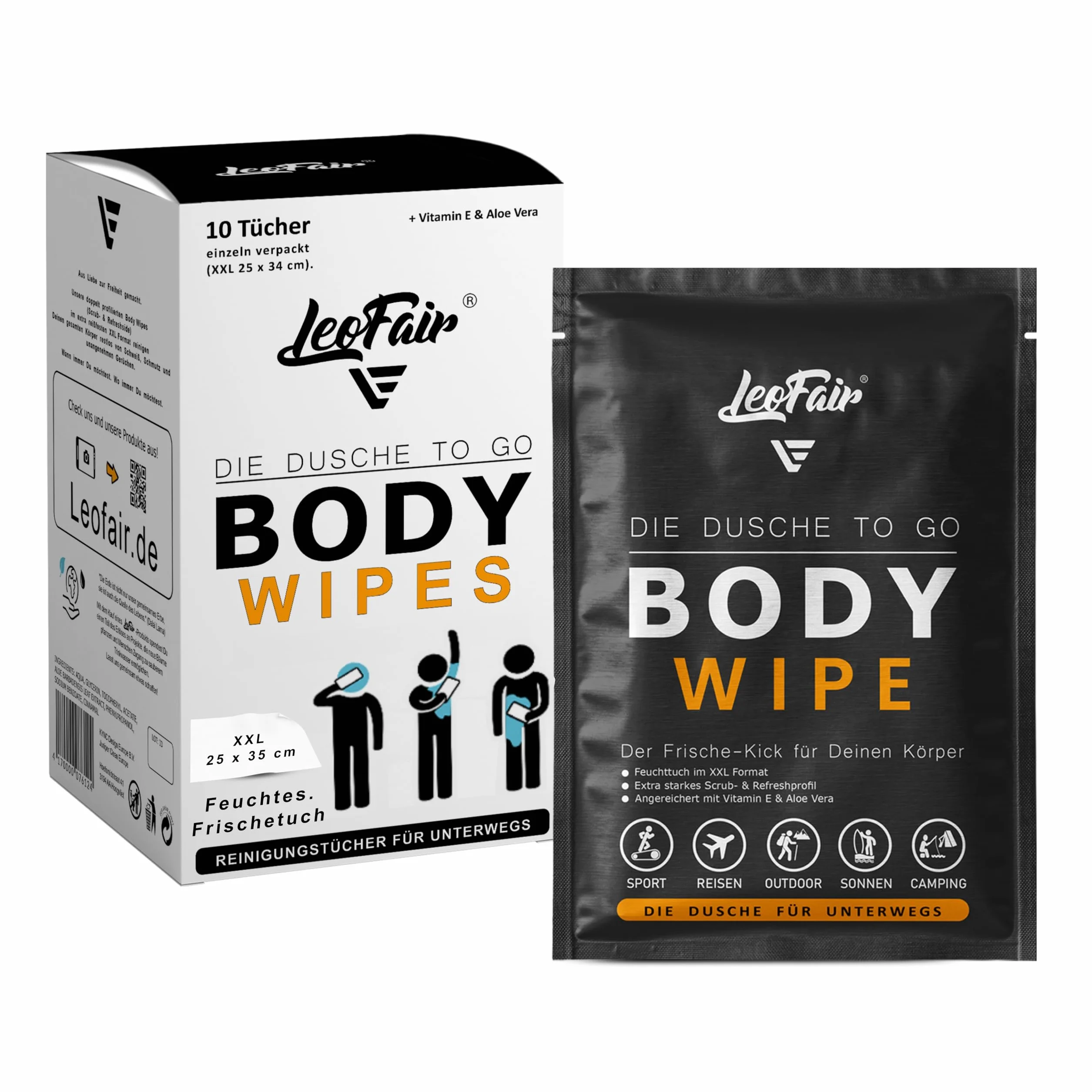 Lingettes pour le corps XXL - Lingettes humides pour voyages, camping, festivals - 10 lingettes individuelles