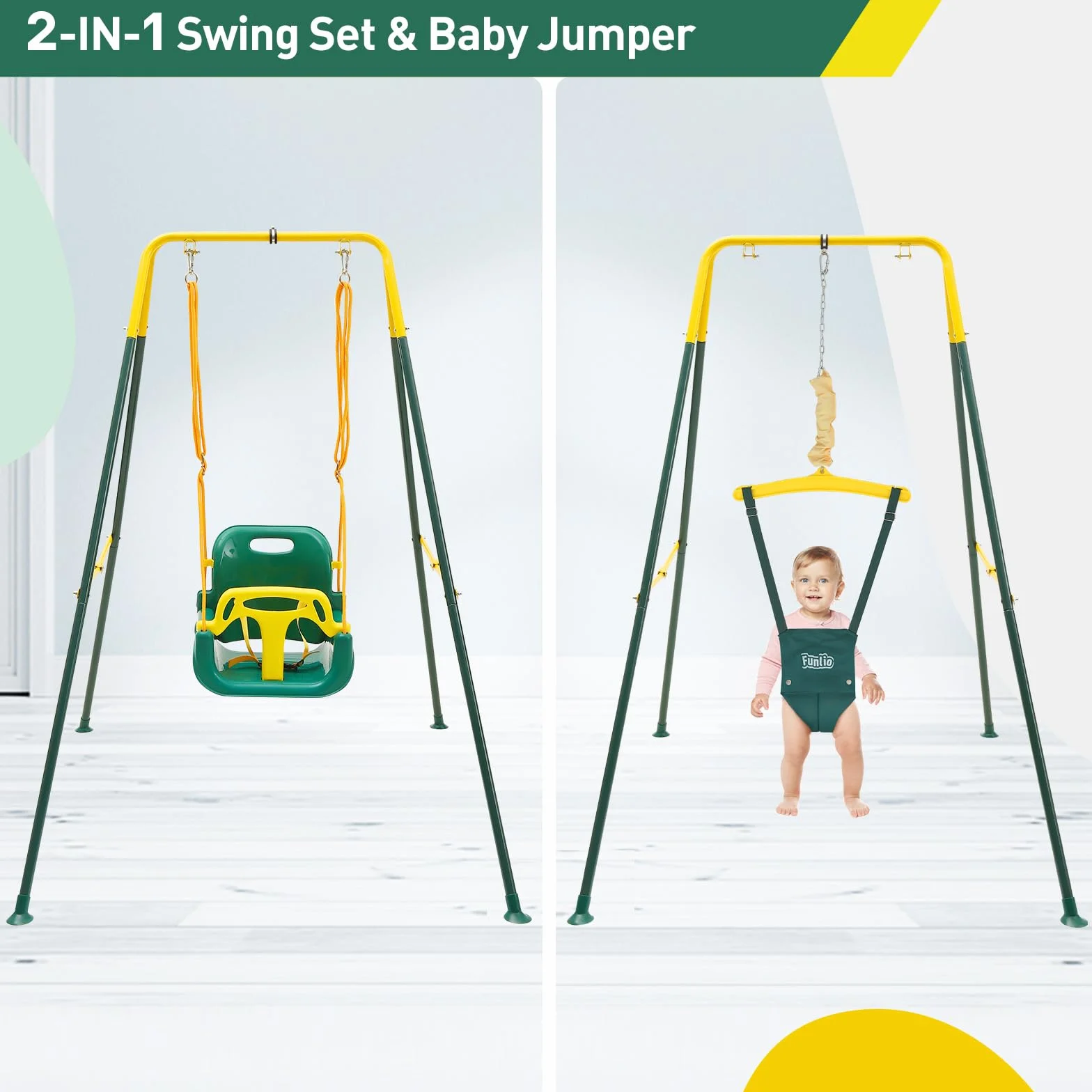 FUNLIO balançoire 2 en 1 pour bébé avec sièges sauteurs suspendus, support en métal pliable, vert