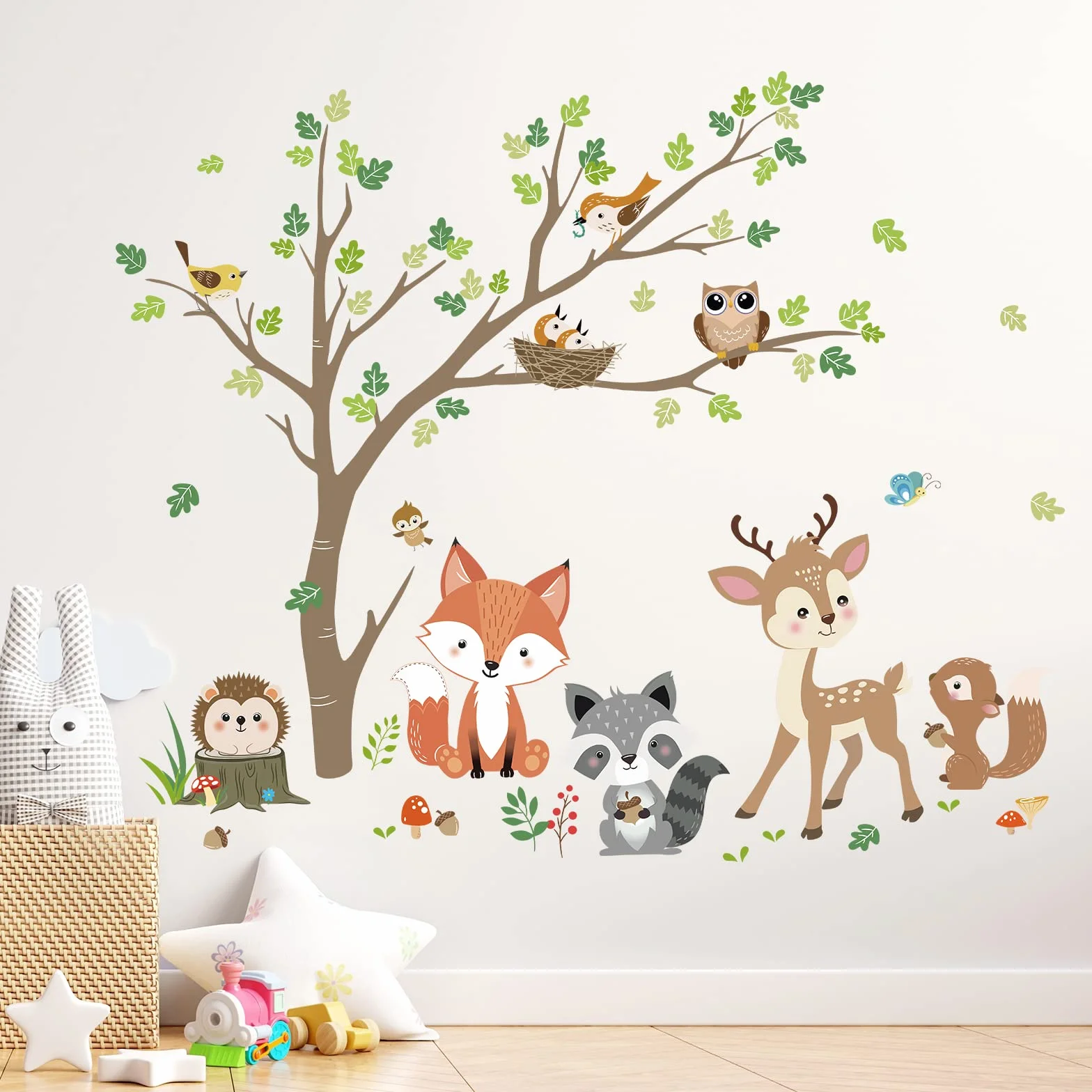 Stickers Muraux Animaux Forêt Arbre Autocollant Mural Renard Cerf Hibou Décoration Murale Chambre Enfants