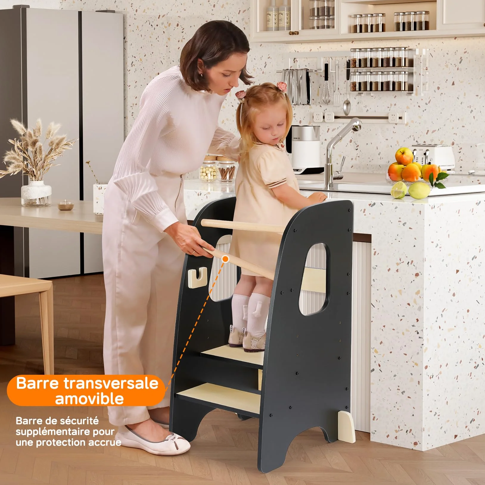 Tour d'apprentissage Montessori pour Enfants en Bois Noir 3 Hauteurs Réglables